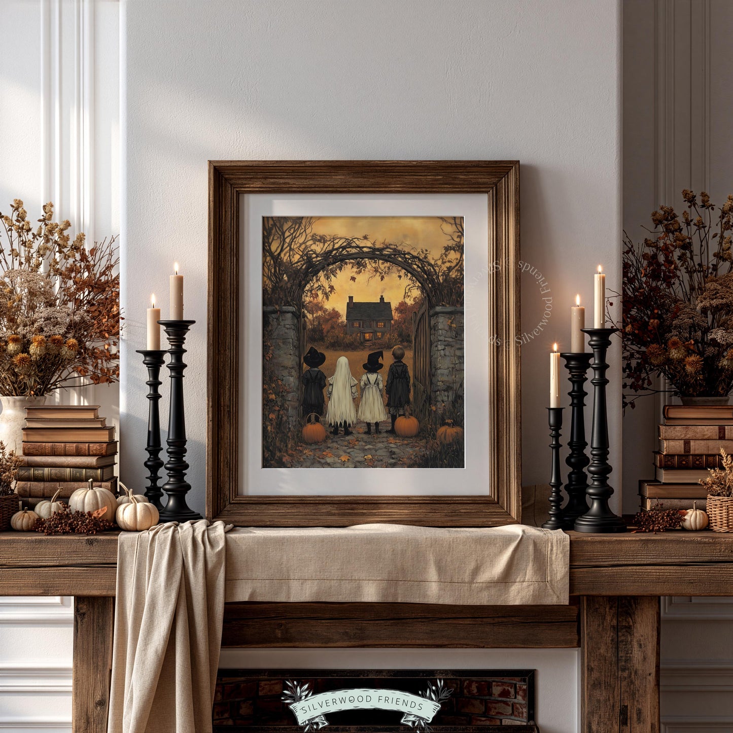 Witchy childhood memory wall art for cozy interiors — dark whimsical costume scene with pumpkins and autumnal ambiance