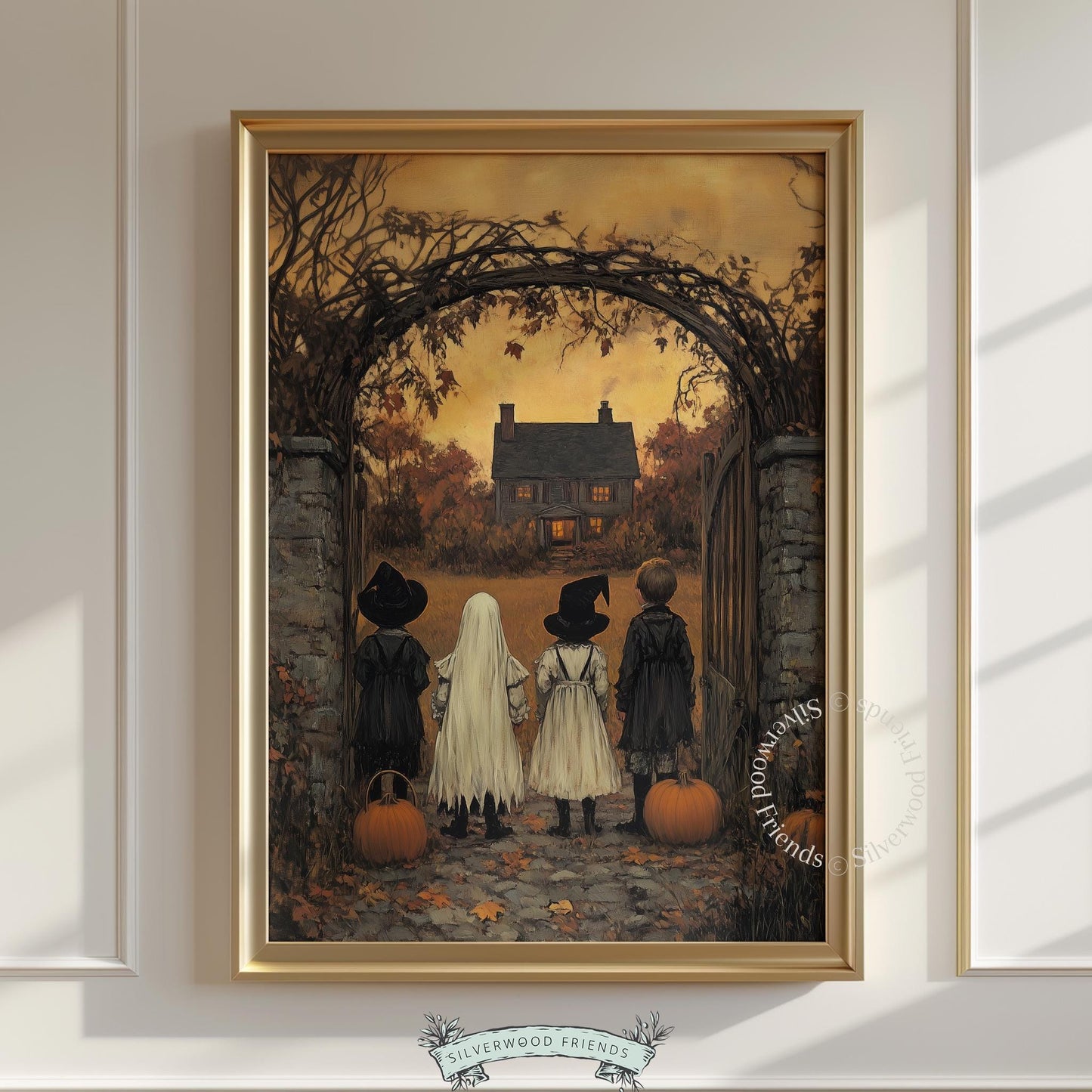 Cloaked figures Halloween digital print for festive spaces — atmospheric vintage painting with scattered golden leaves
