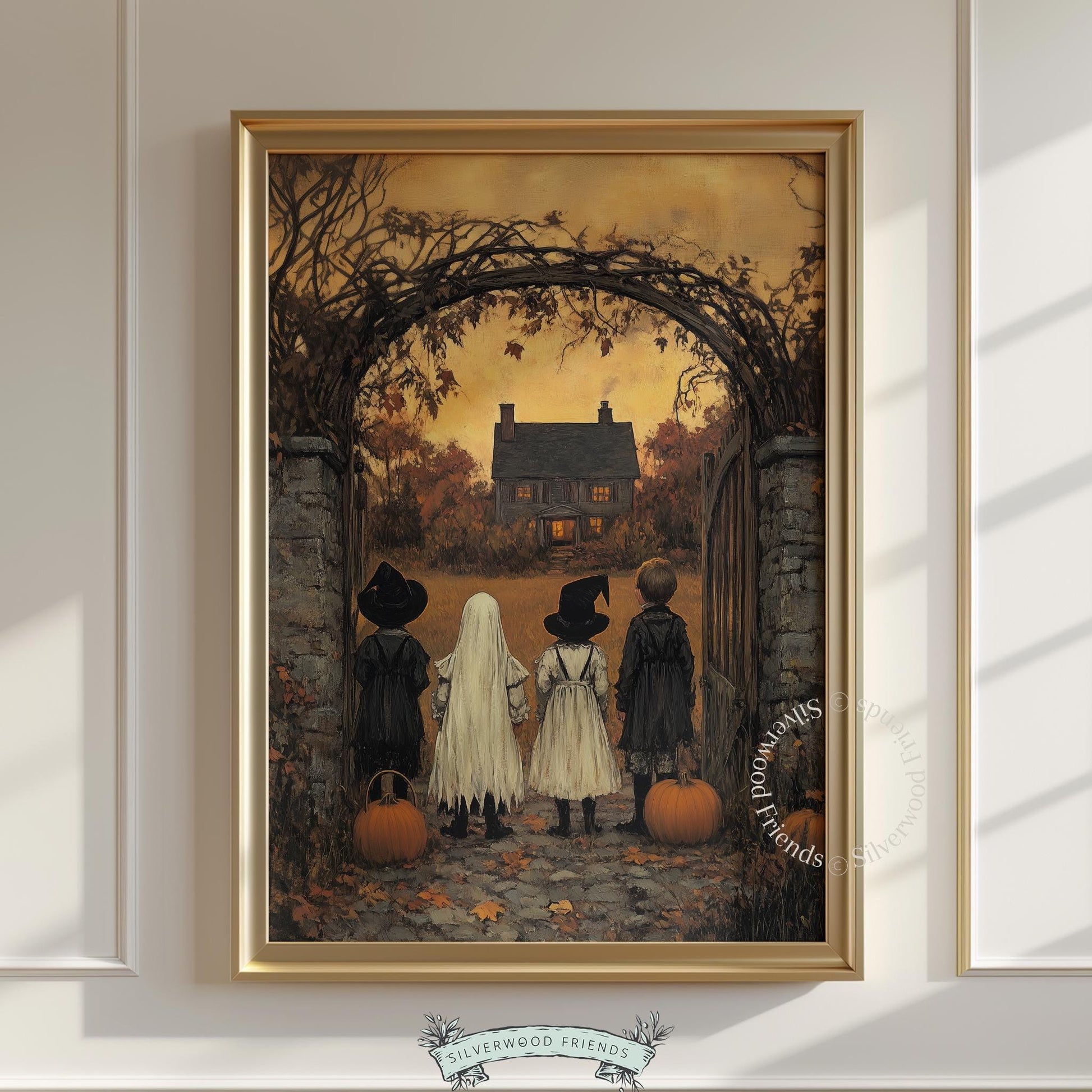 Cloaked figures Halloween digital print for festive spaces — atmospheric vintage painting with scattered golden leaves