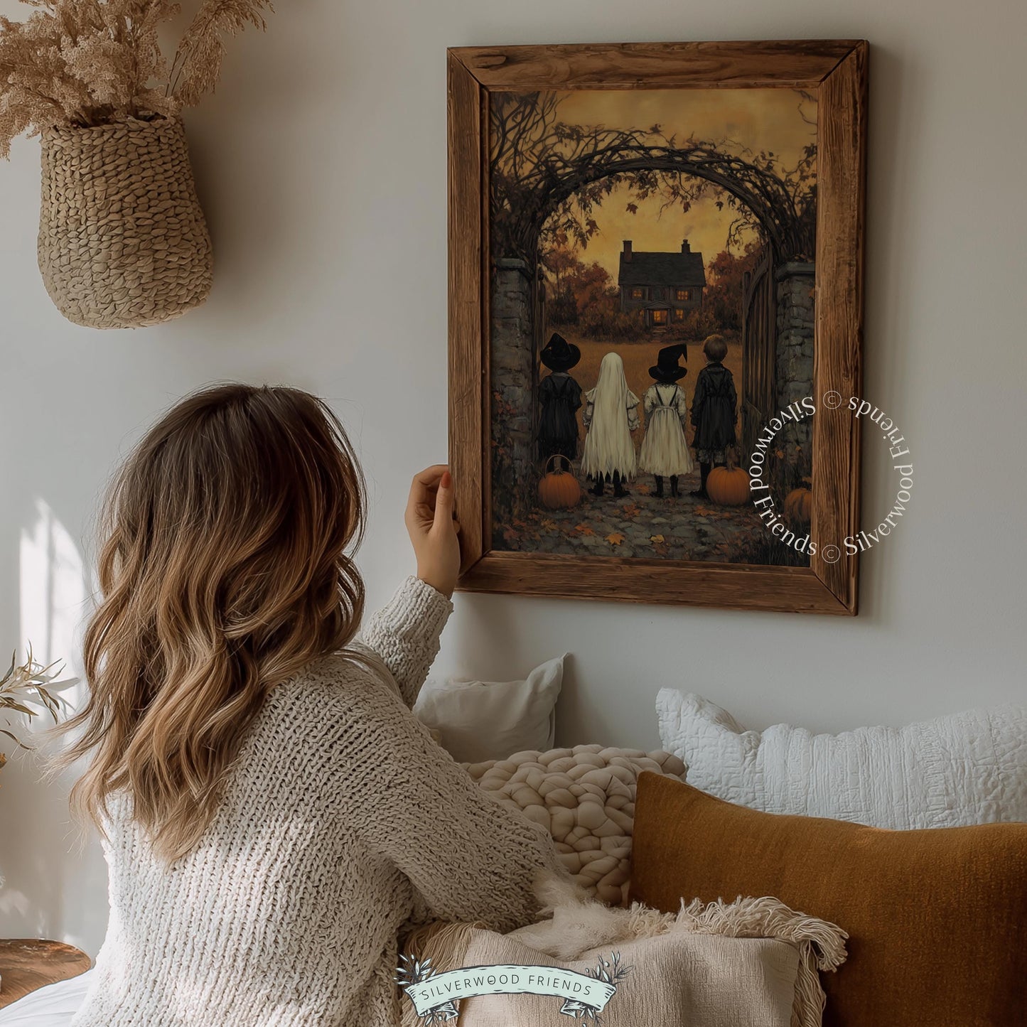 Halloween costume parade picture for family room — rustic autumnal painting featuring children gazing at distant homestead