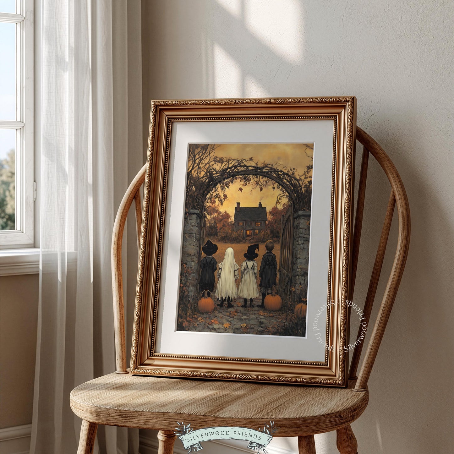 Halloween night adventure poster for seasonal décor — aged painting style featuring costumed children in atmospheric countryside