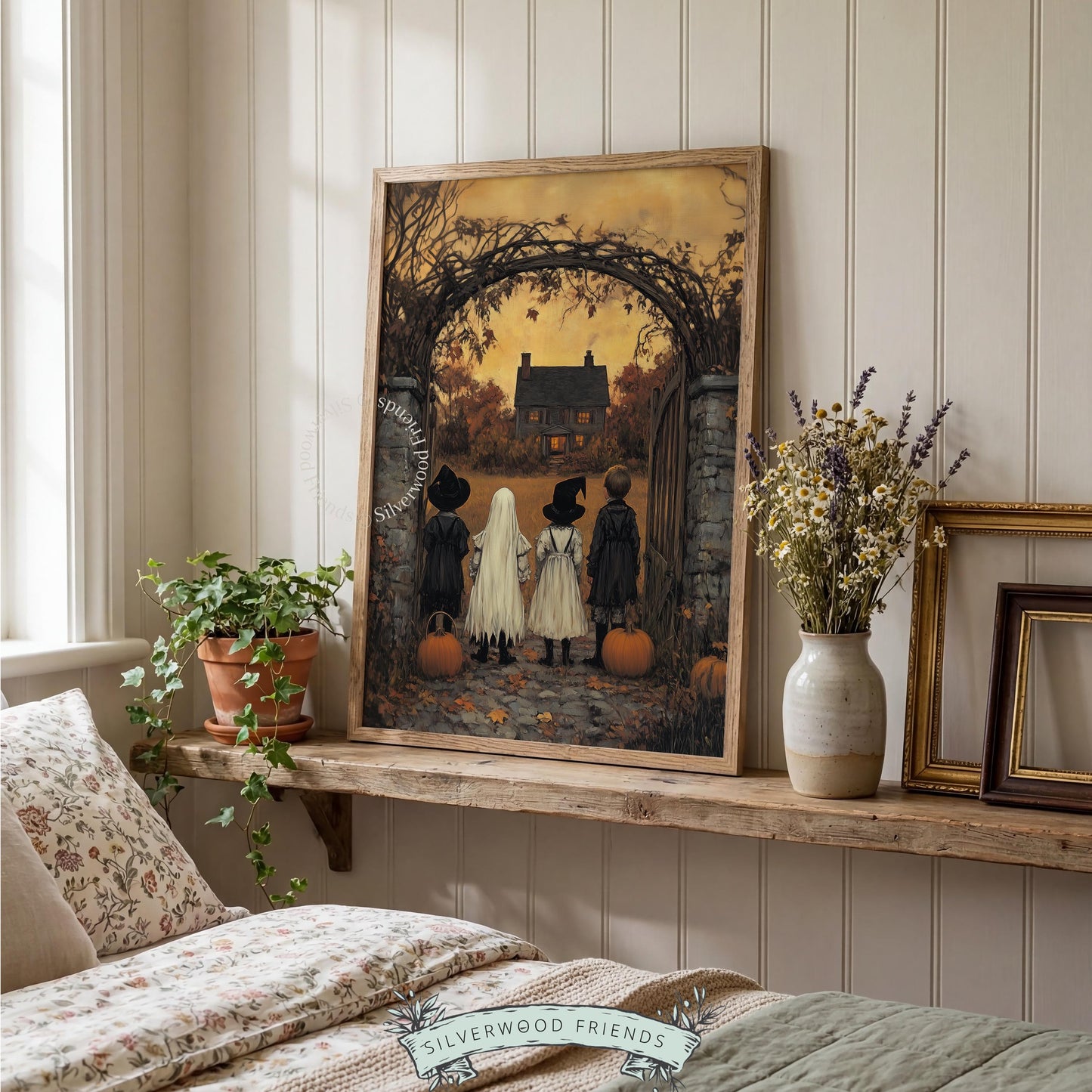 Four trick-or-treaters printable art for living room — moody pumpkin patch painting with stone archway and golden sunset