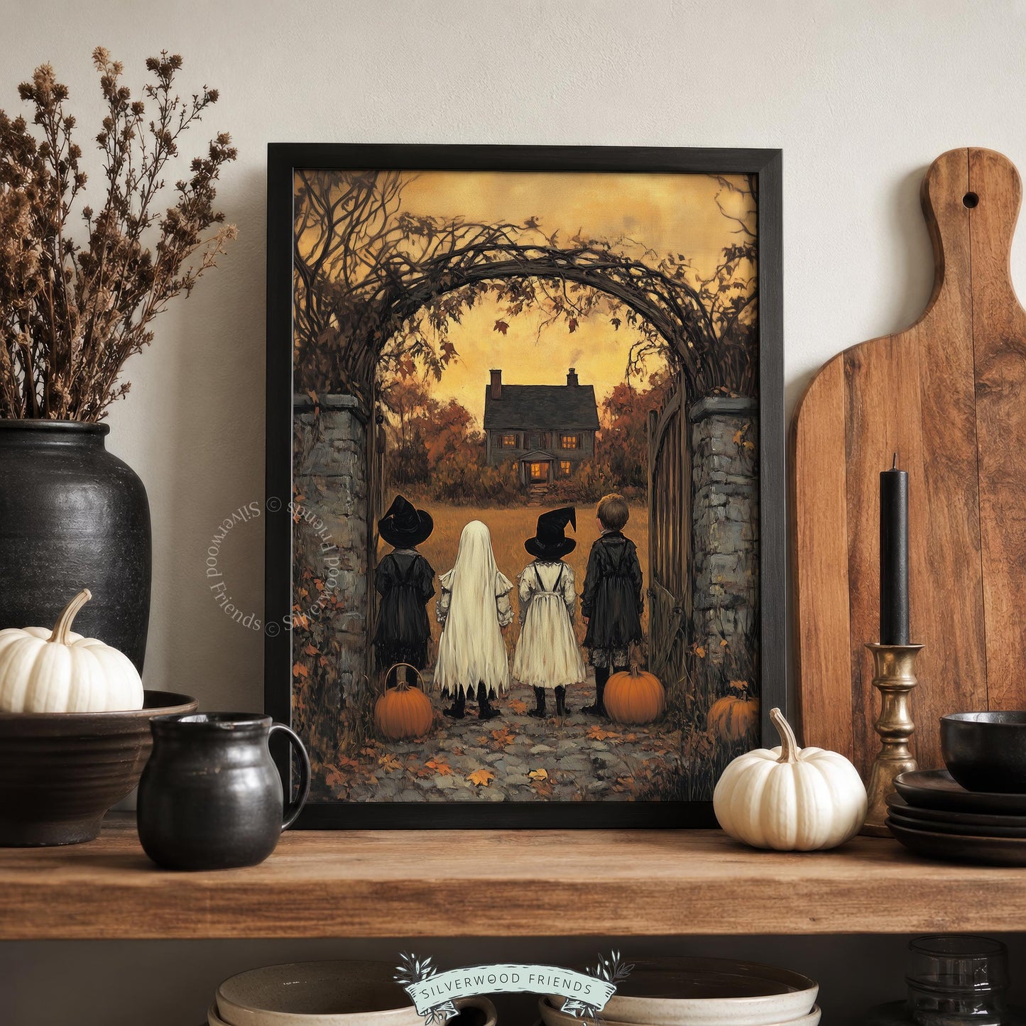 Witch and ghost costume poster for entryway — dark academia fall artwork with twisted branches and vintage brushwork