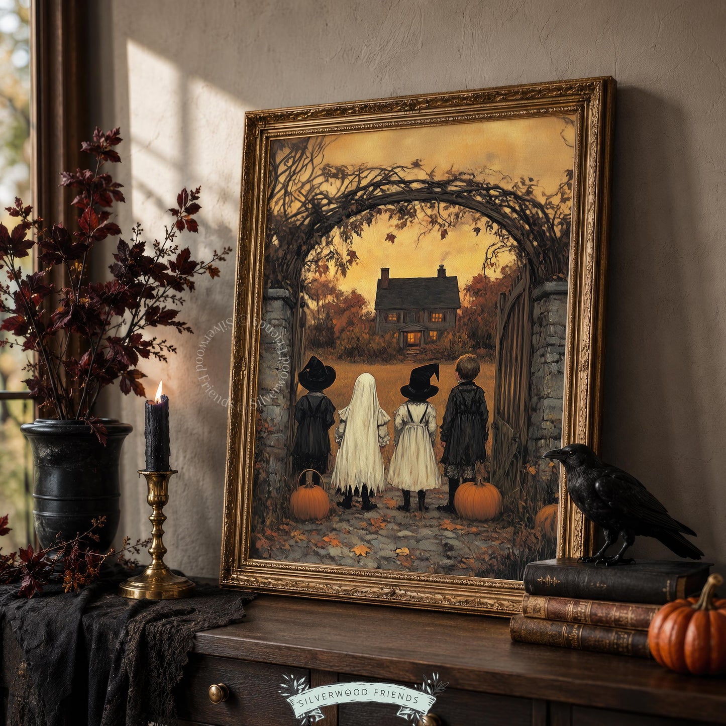 Vintage spooky kids painting wall decor for seasonal displays — aged storybook aesthetic with rich dark tones