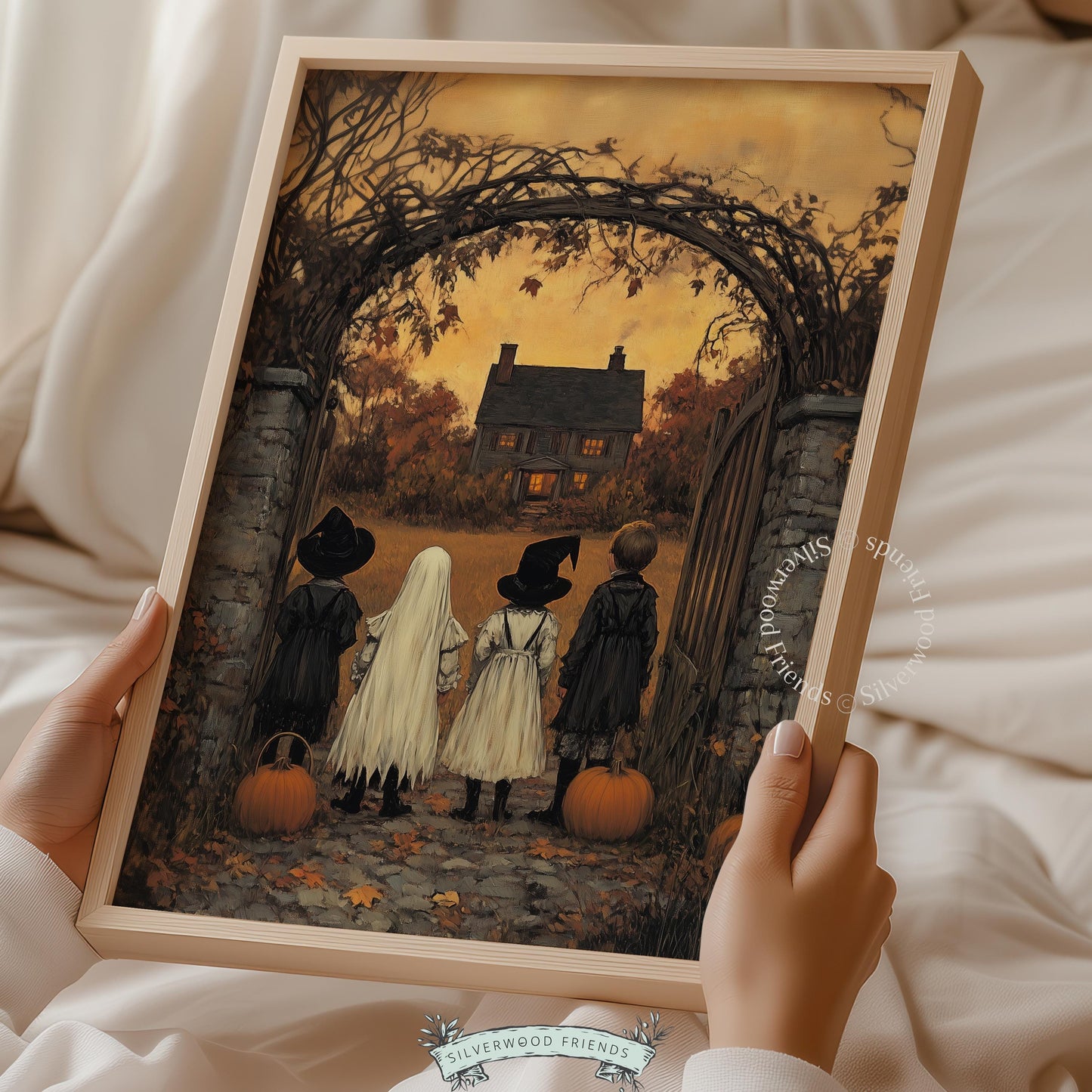 Mysterious trick-or-treaters picture printable art — dark haunting vintage style with rich earthy palette and cottage glow