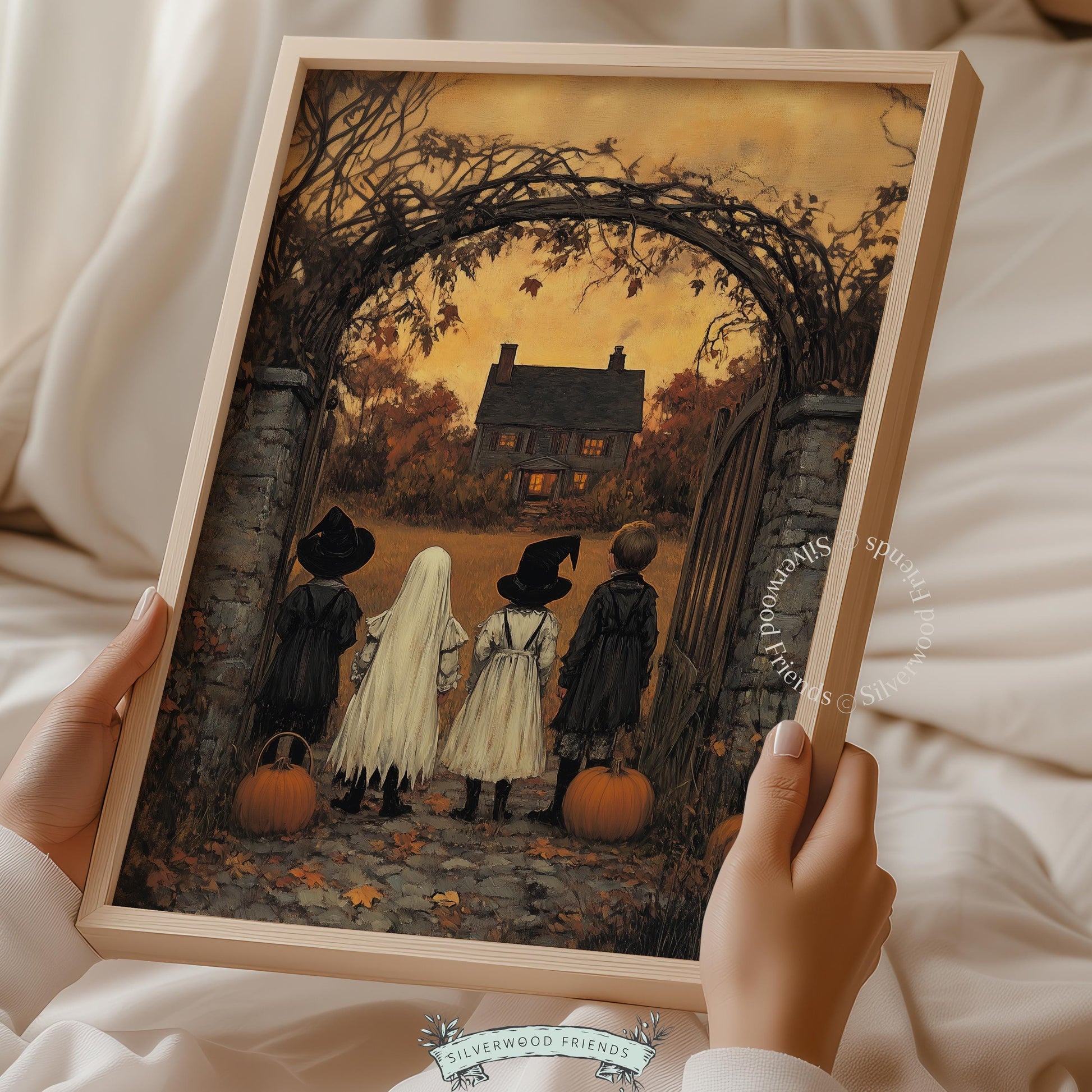 Mysterious trick-or-treaters picture printable art — dark haunting vintage style with rich earthy palette and cottage glow
