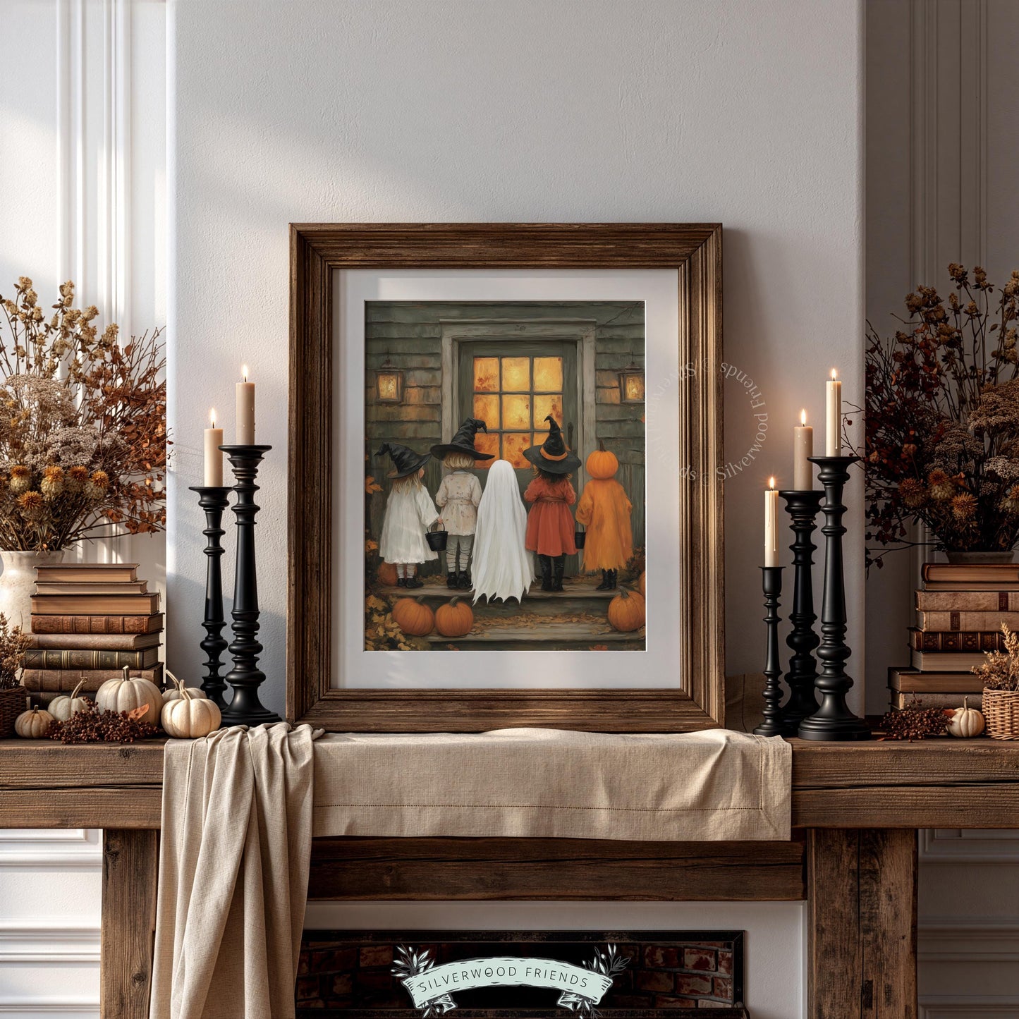 Spooky season wall print for cottage spaces — kids in classic costumes approaching weathered wooden house