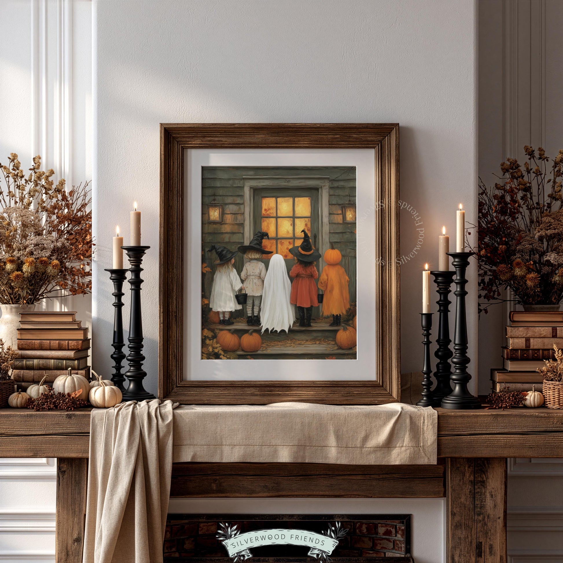 Spooky season wall print for cottage spaces — kids in classic costumes approaching weathered wooden house
