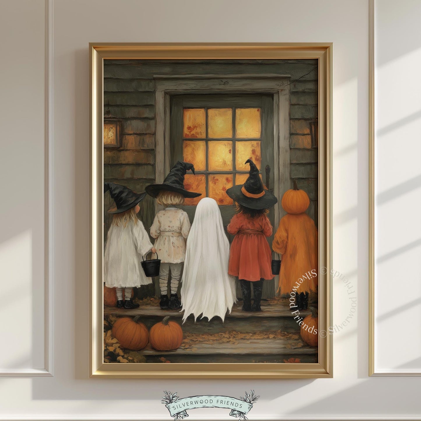 Trick-or-treating poster for hallway — cozy spooky scene with witch, ghost, and pumpkin suit characters