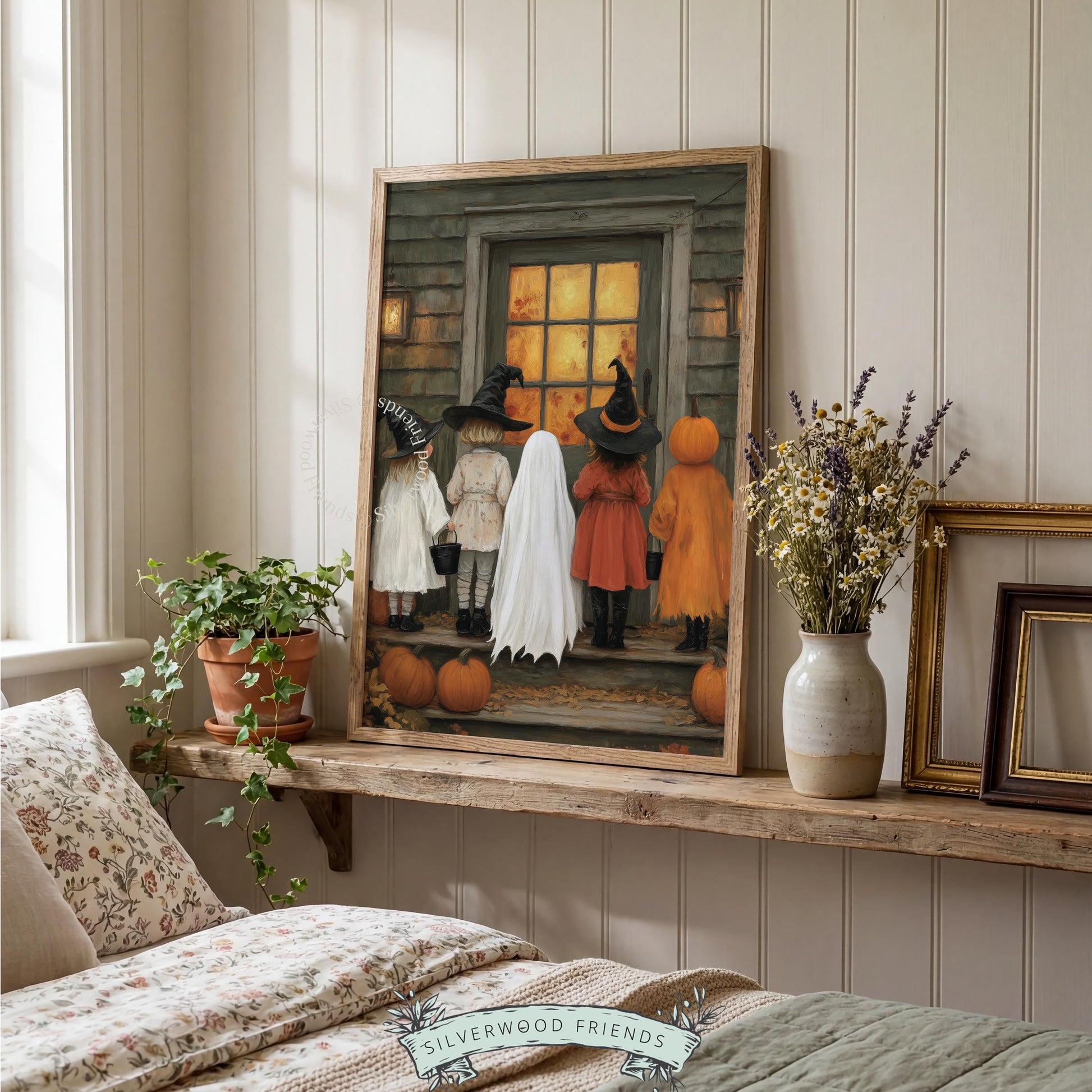 Autumn costume gathering picture for seasonal walls — charming storybook scene with textured painting style and cozy glow
