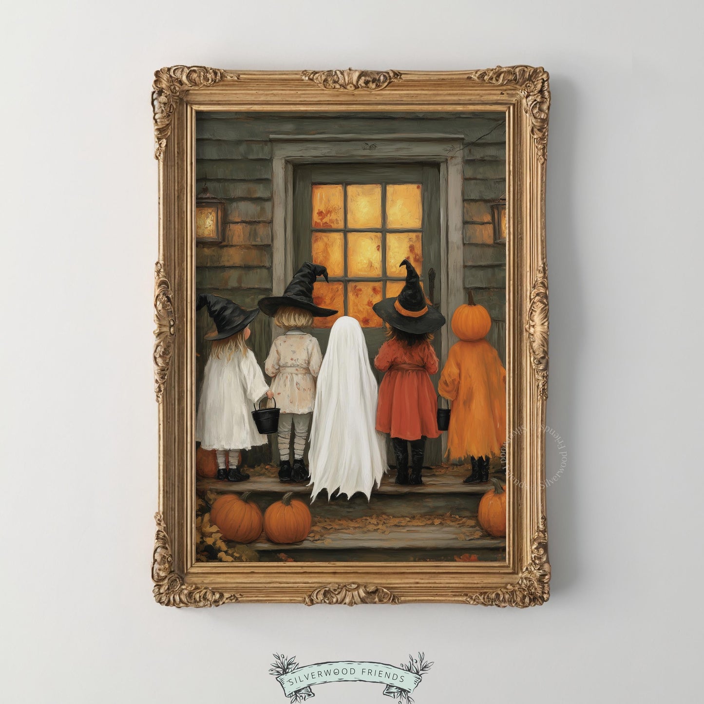Vintage-style Halloween gathering poster for gallery walls — warm muted tones capturing nostalgic holiday feeling