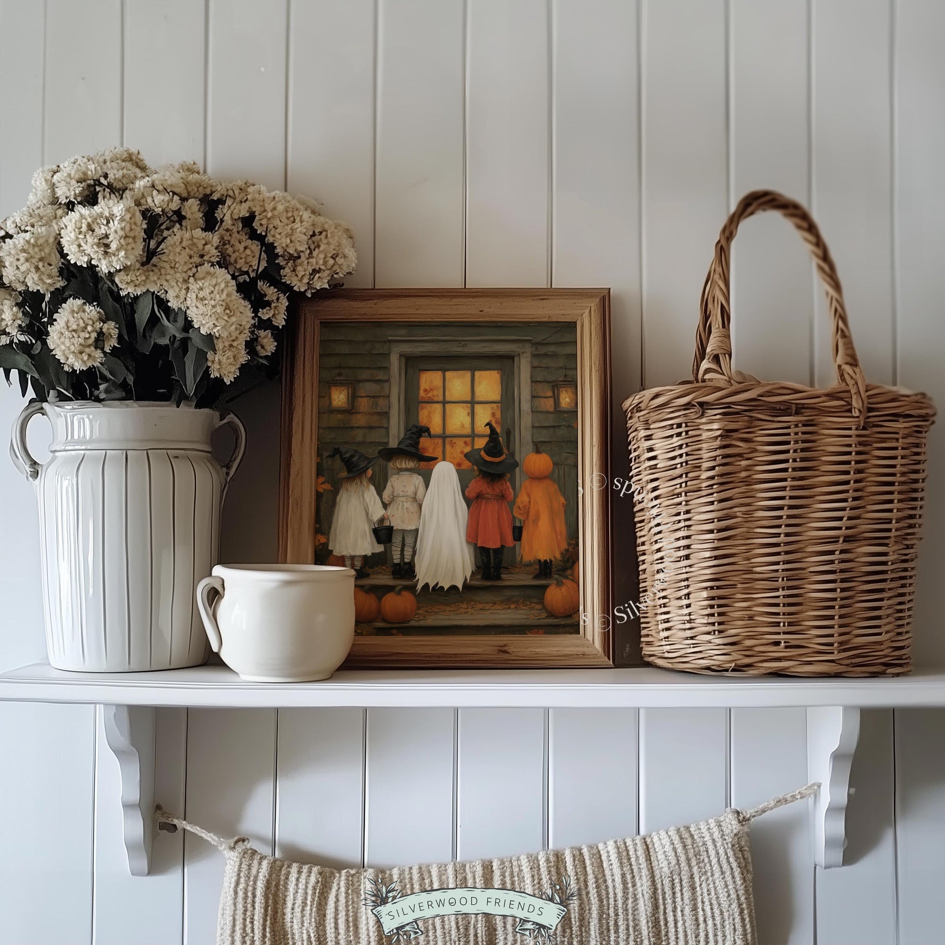 Halloween evening illustration for moody home spaces — five children approaching rustic door with pumpkin patch detail