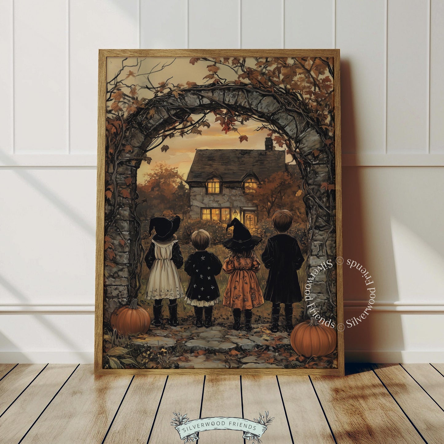 Storybook cottage picture for living room — costumed kids silhouettes, warm golden dusk, rustic autumn mood
