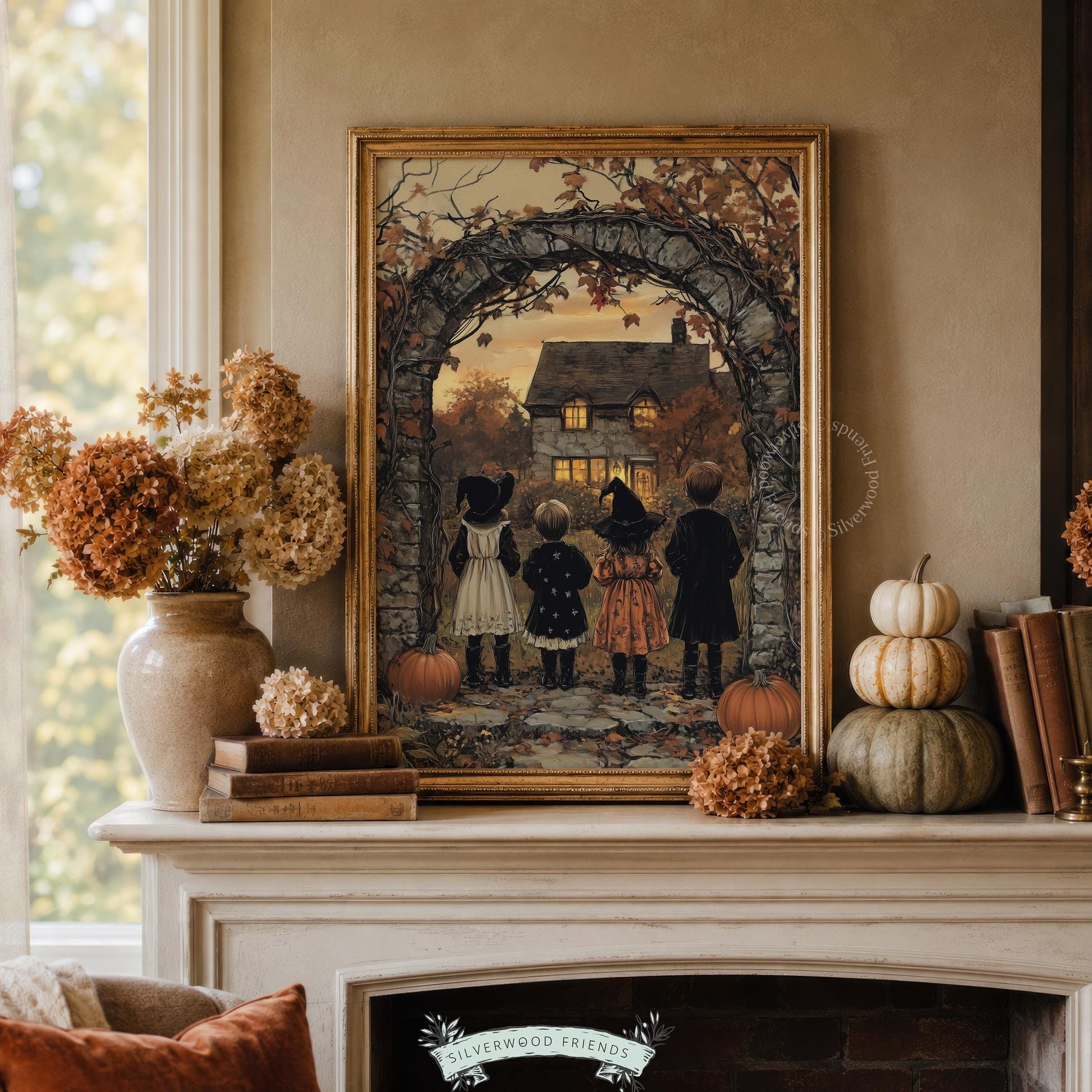 Cozy Halloween scene wall art for entryway — children gazing at lit cottage, burnt orange palette, moody autumn