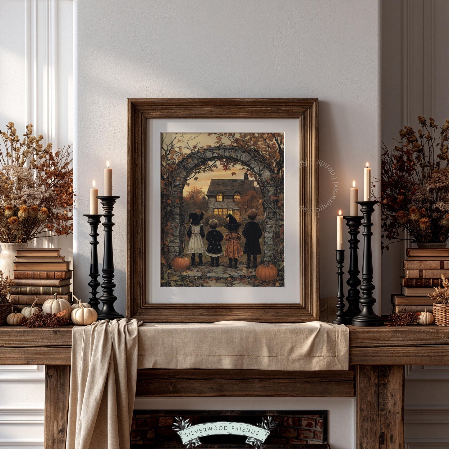Cottagecore Halloween poster for bedroom — silhouetted youngsters, stone arch, glowing farmhouse, earthy illustrated style