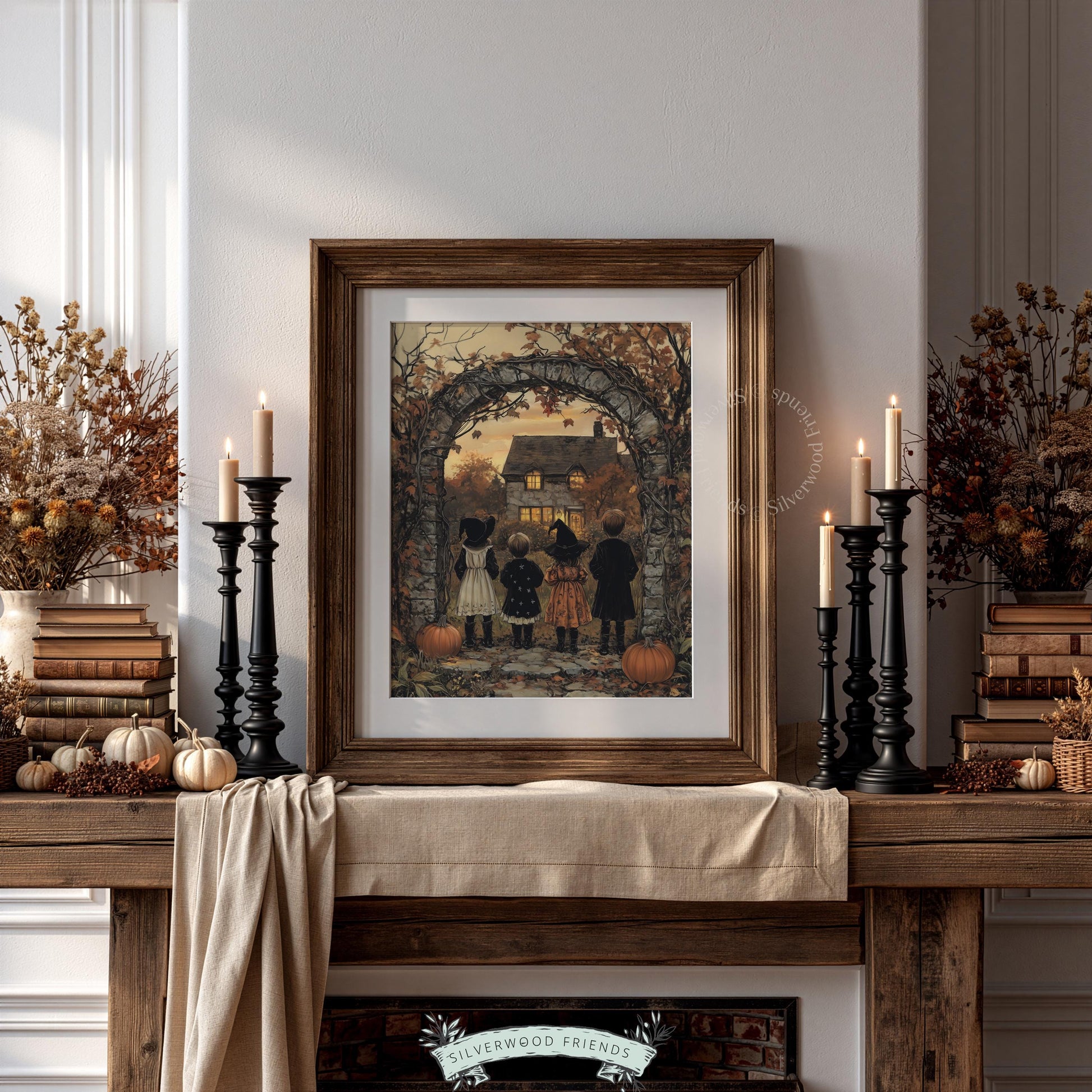 Cottagecore Halloween poster for bedroom — silhouetted youngsters, stone arch, glowing farmhouse, earthy illustrated style