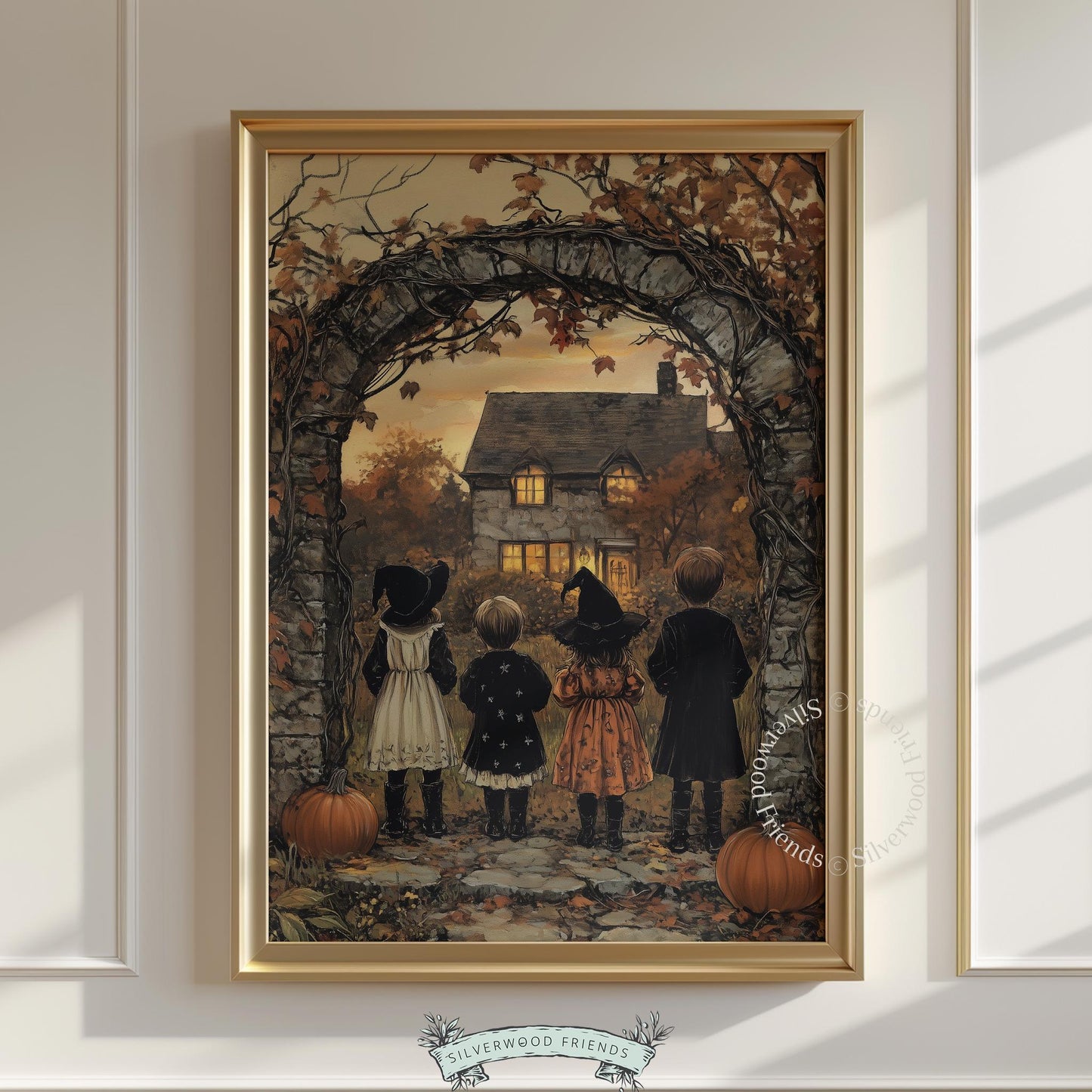 Children in period costumes digital download for bedroom — moonlit cottage, bare branches, dark academia vibes