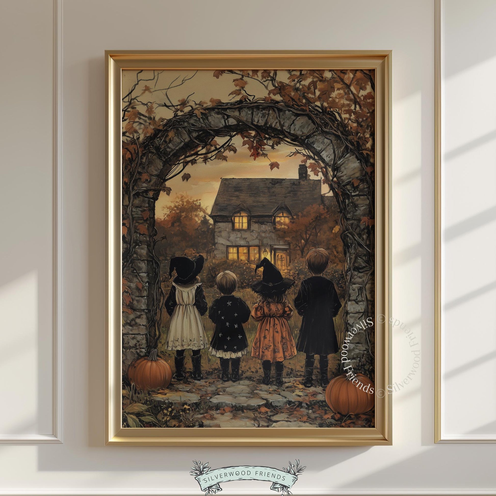 Children in period costumes digital download for bedroom — moonlit cottage, bare branches, dark academia vibes