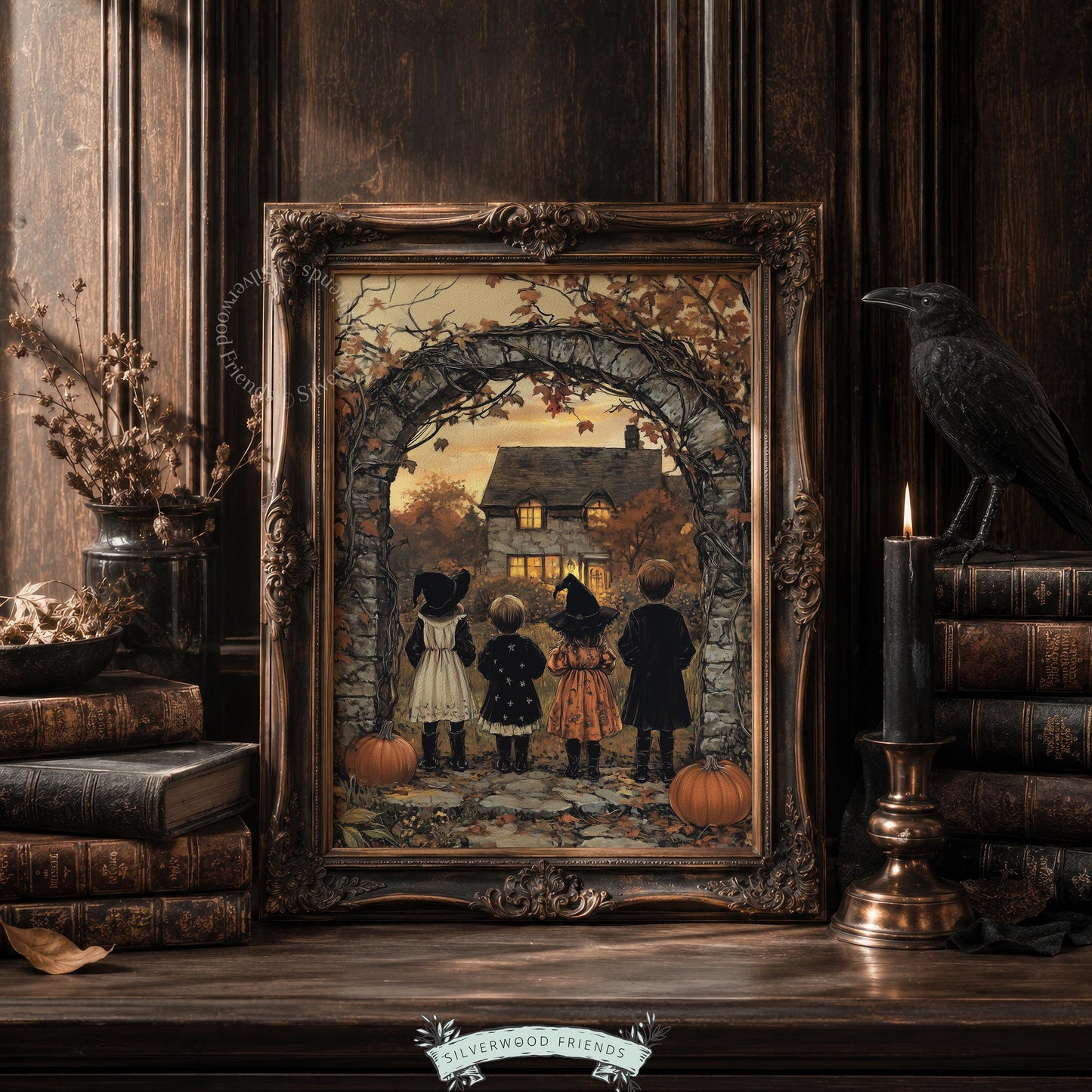 Dark academia wall decor printable for study — costumed figures, illuminated cottage, moody fall evening illustration
