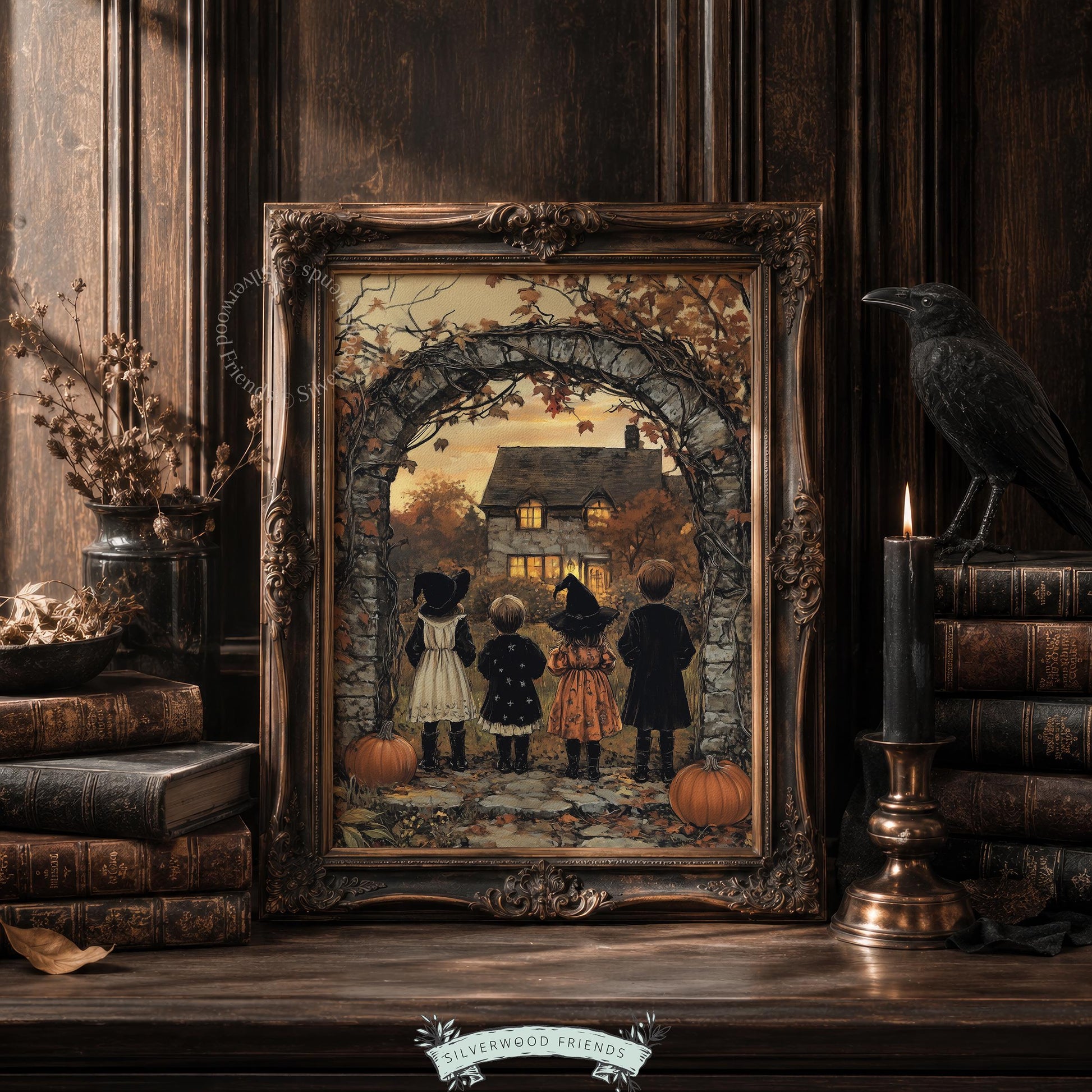Dark academia wall decor printable for study — costumed figures, illuminated cottage, moody fall evening illustration