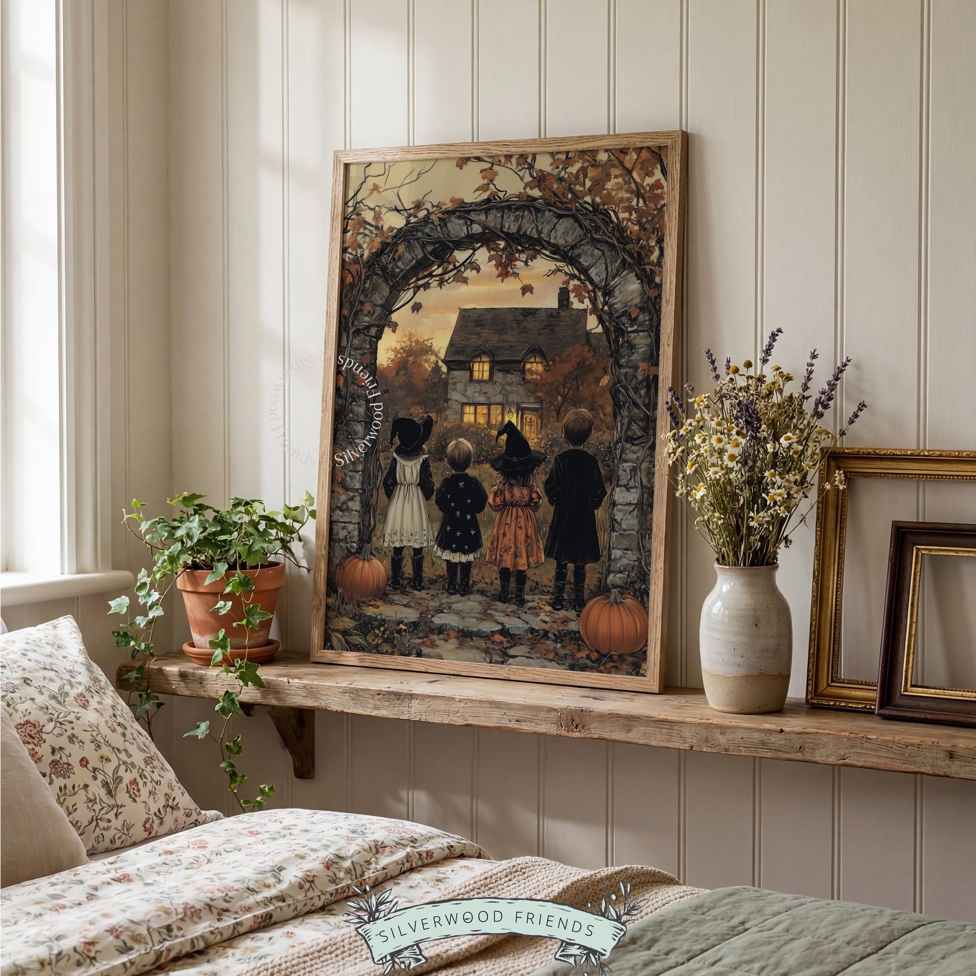 Friendly ghost season digital print for kids' space — children approaching glowing house, vintage burnt orange tones