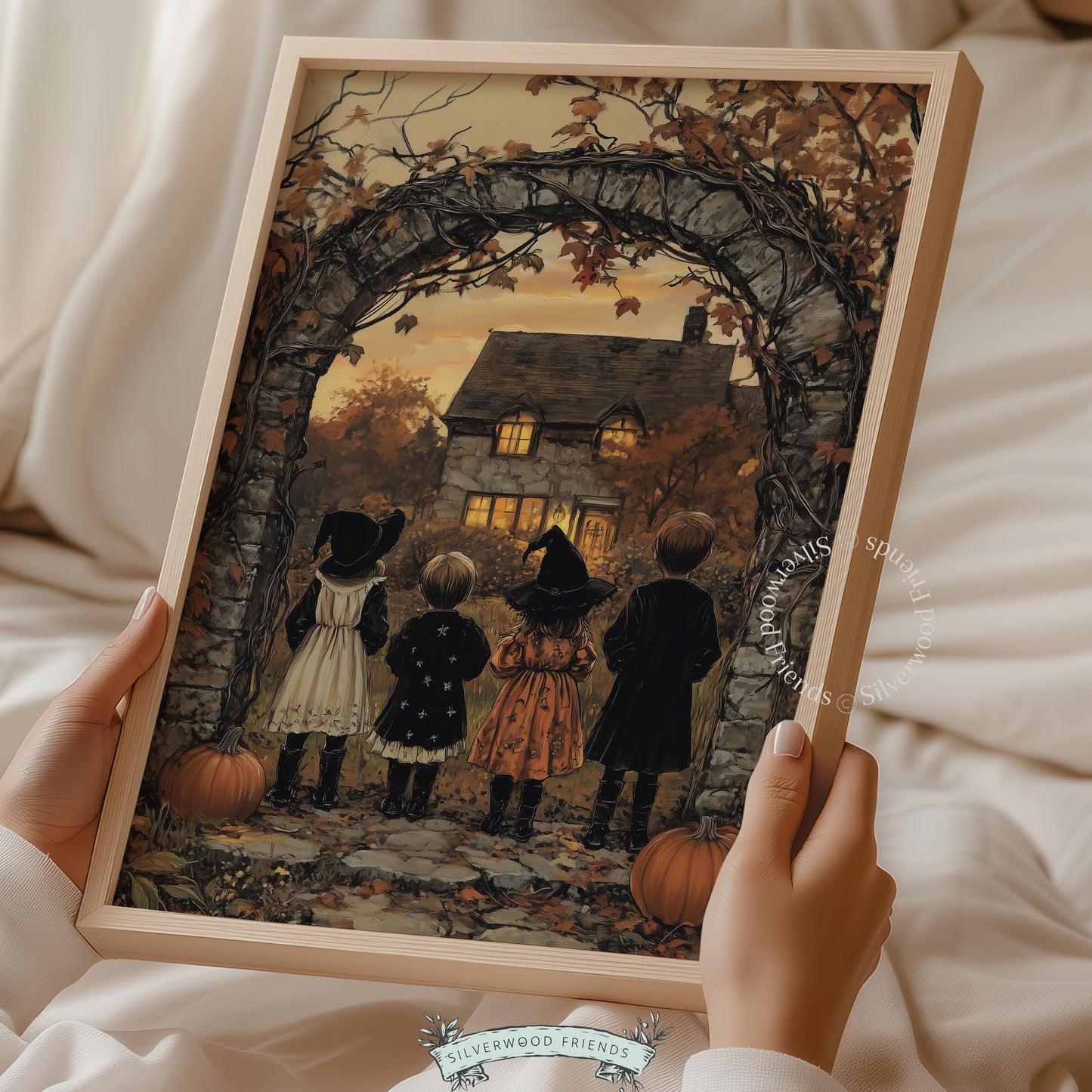 Glowing manor house print for living room — Halloween-dressed youngsters, bronze autumn landscape, cozy mysterious feel