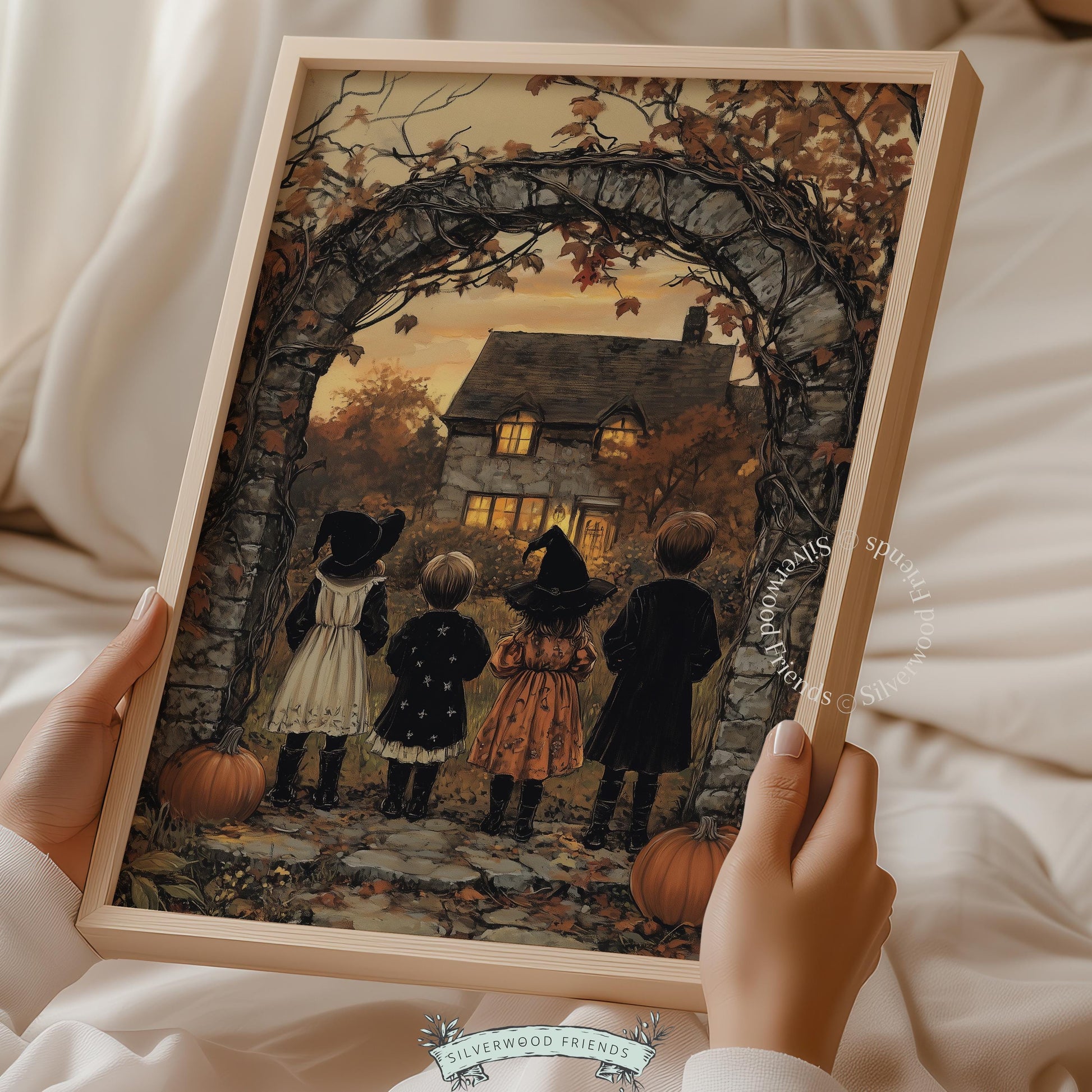 Glowing manor house print for living room — Halloween-dressed youngsters, bronze autumn landscape, cozy mysterious feel