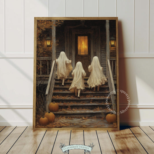 Three ghost children trick-or-treating printable art for entryway — vintage Halloween poster with moody amber and cream tones
