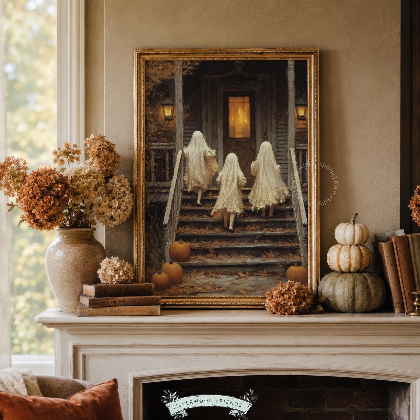 Children in white ghost costumes ascending stairs artwork for hallway — moody Halloween wall decor with pumpkin patch aesthetic