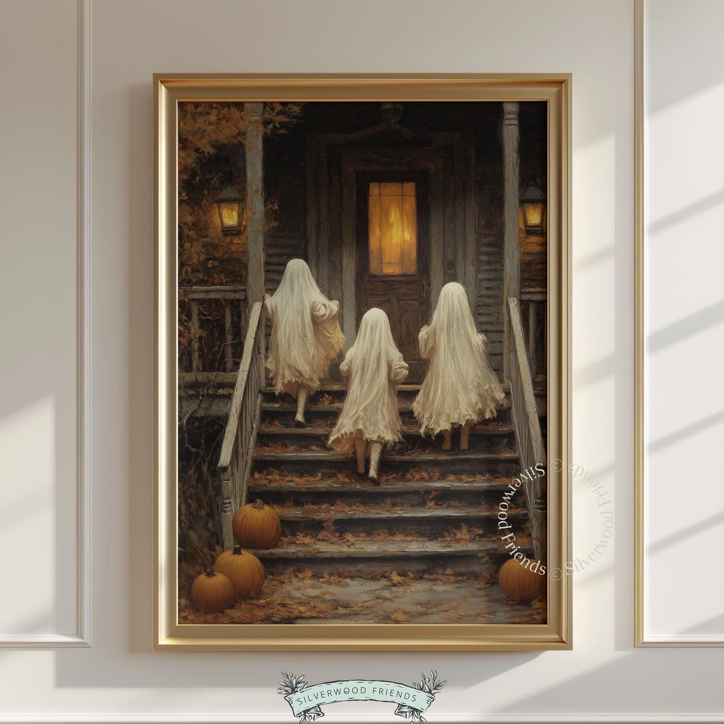 Vintage trick-or-treating poster for bedroom wall decor — creepy yet charming ghost child illustration with rich textured detail