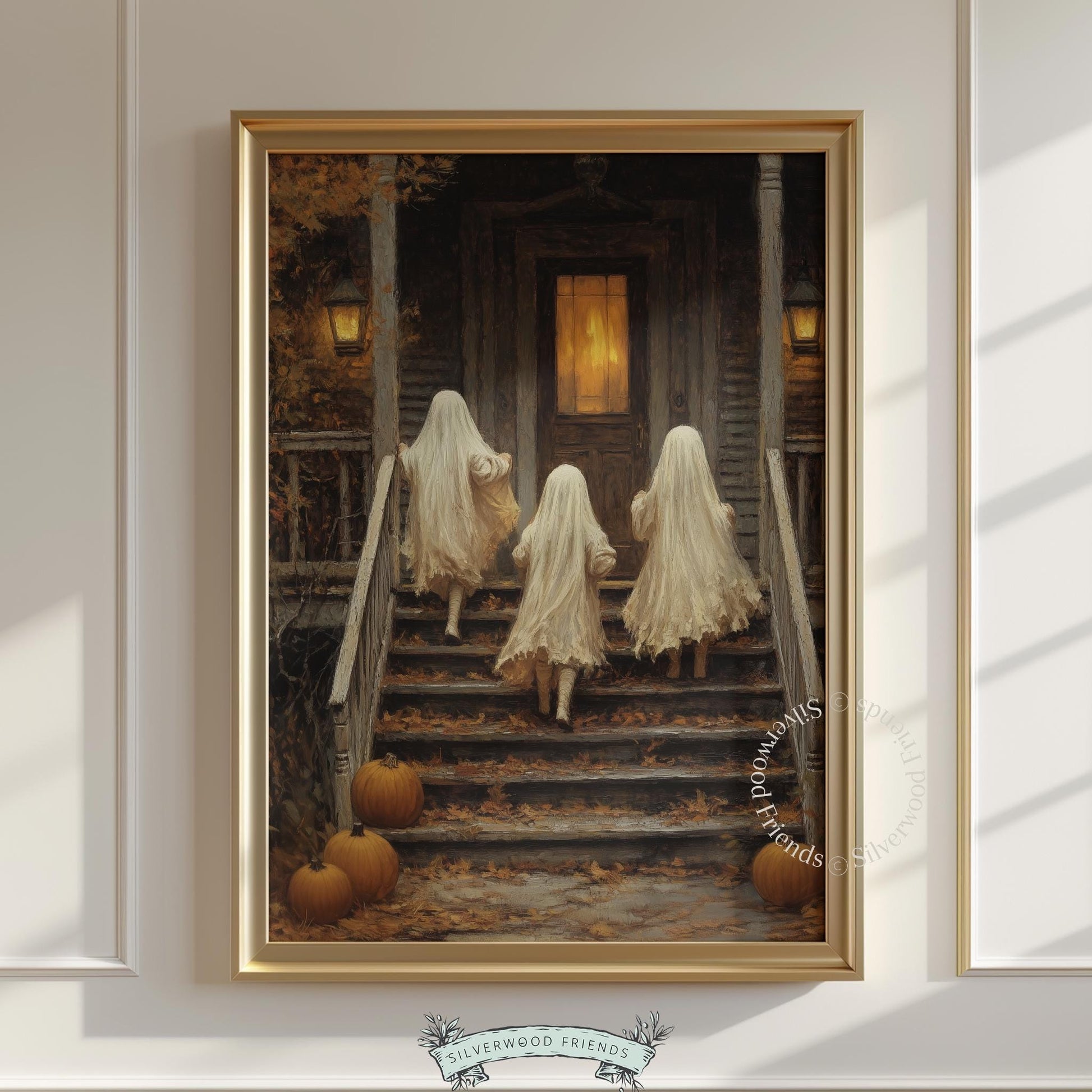 Vintage trick-or-treating poster for bedroom wall decor — creepy yet charming ghost child illustration with rich textured detail