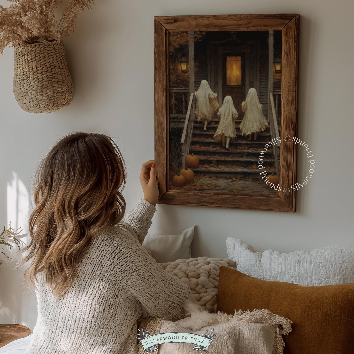 Spooky autumn evening scene printable art for entryway — vintage-inspired ghost costume illustration with warm brown and cream tones