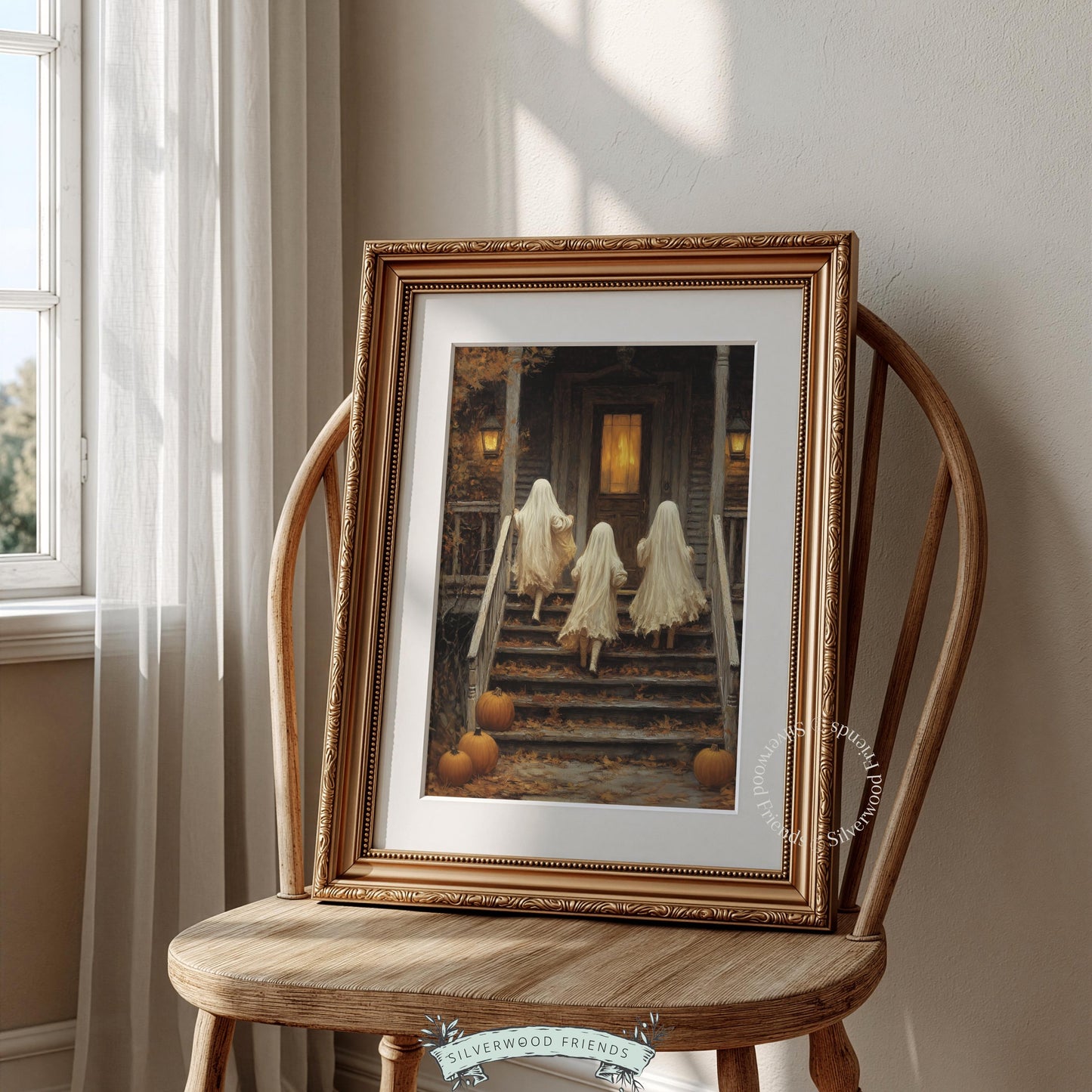 Nostalgic Halloween scene painting for home — spooky trick-or-treating picture with warm amber palette and weathered vintage feel