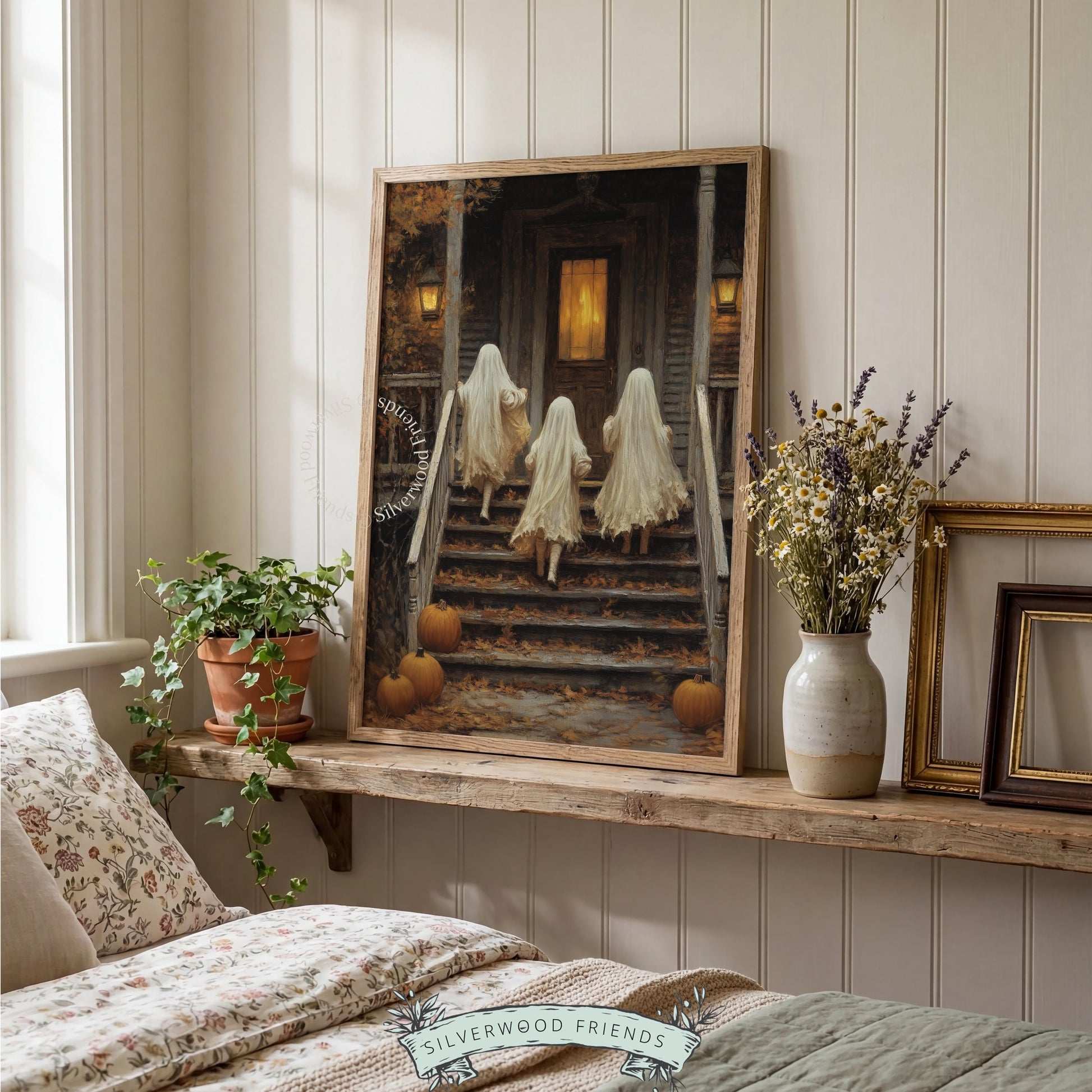 Halloween children in classic white costumes wall picture for living room — moody seasonal artwork with glowing doorway and pumpkins
