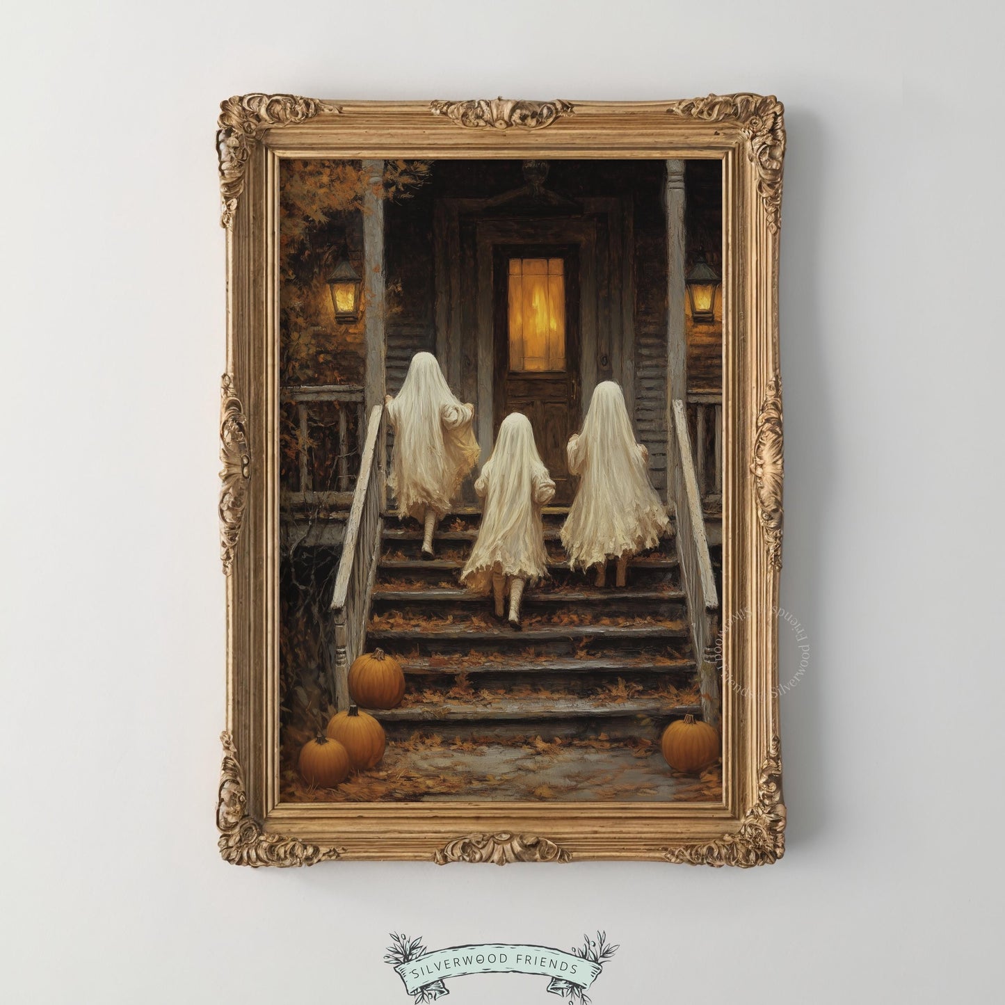 Classic white ghost costumes scene wall art for seasonal displays — dark, textured vintage Halloween painting with moody amber lighting