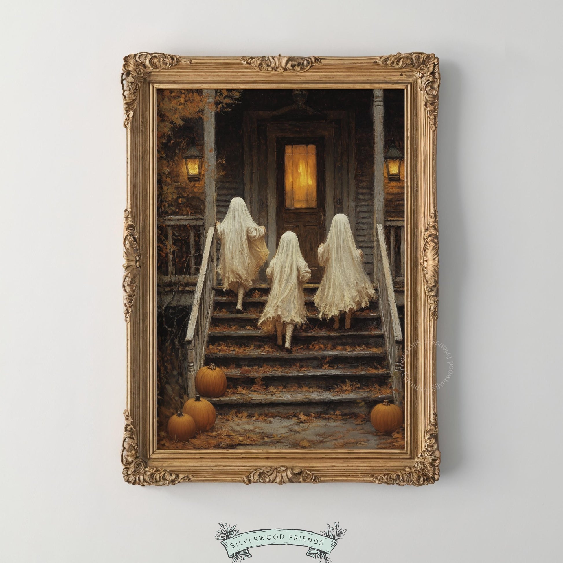 Classic white ghost costumes scene wall art for seasonal displays — dark, textured vintage Halloween painting with moody amber lighting