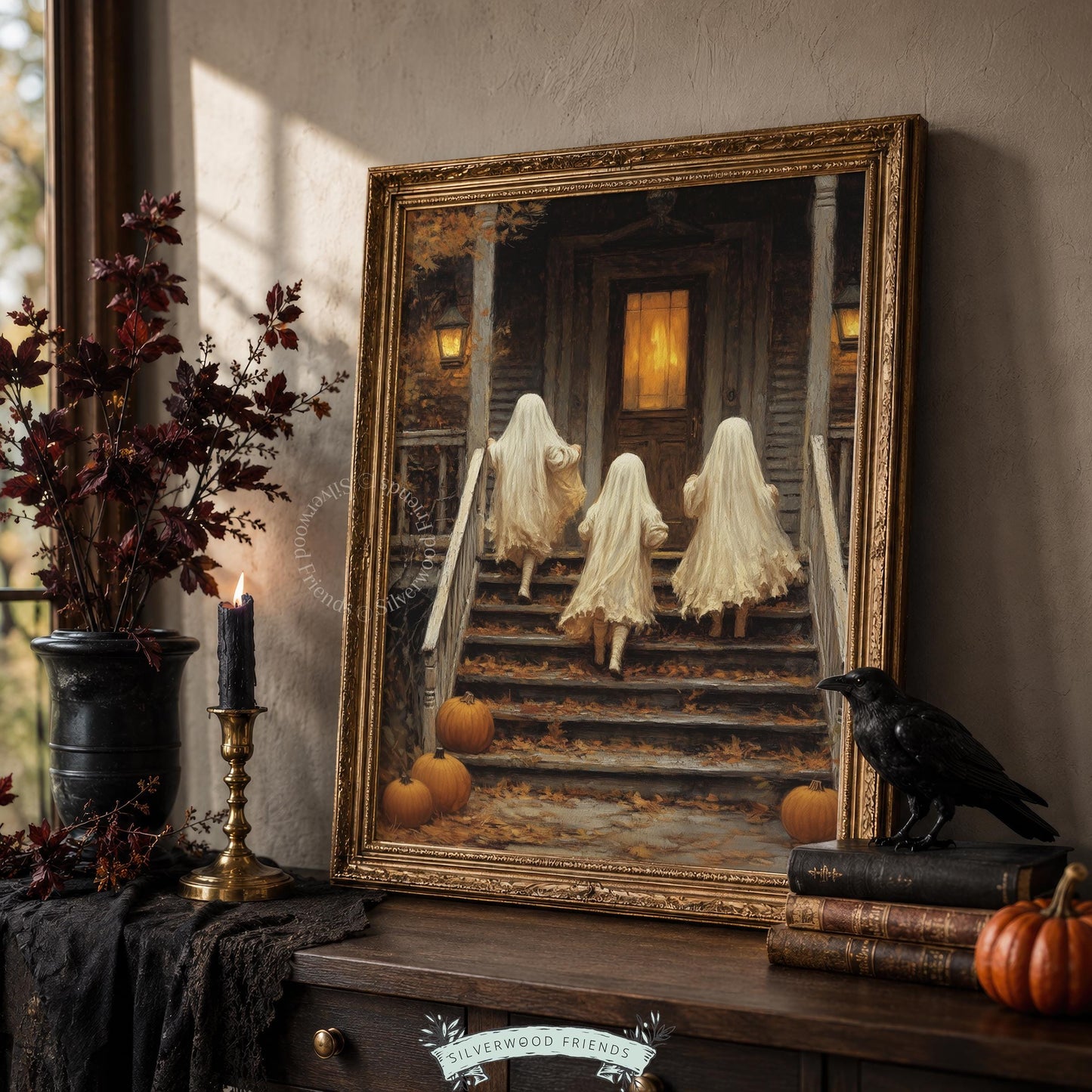 Trick-or-treating children artwork printable image — spooky cottage core wall decor featuring shadowed porch stairs and lantern glow