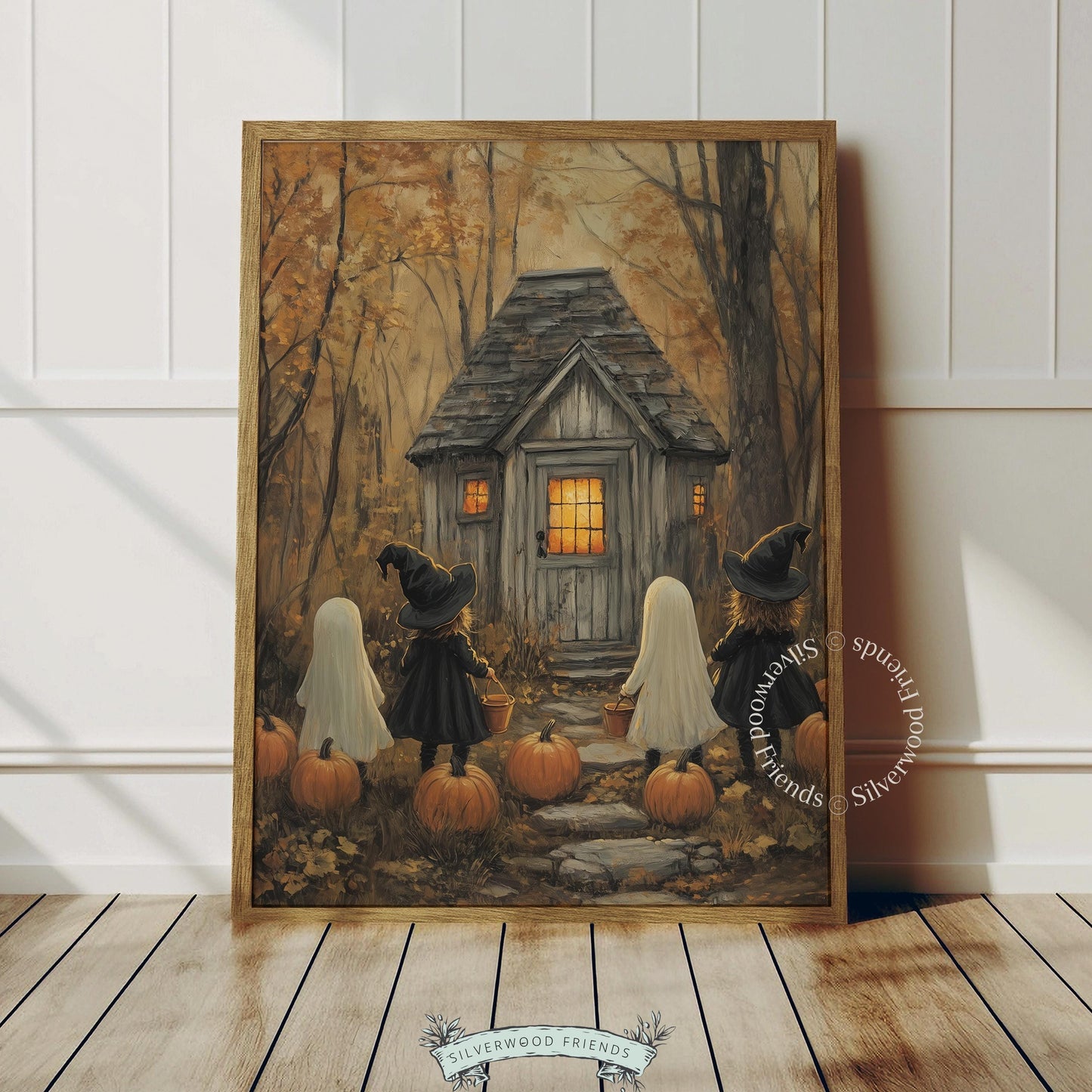 Storybook-style Halloween picture printable for family room — trick-or-treaters discovering glowing woodland retreat