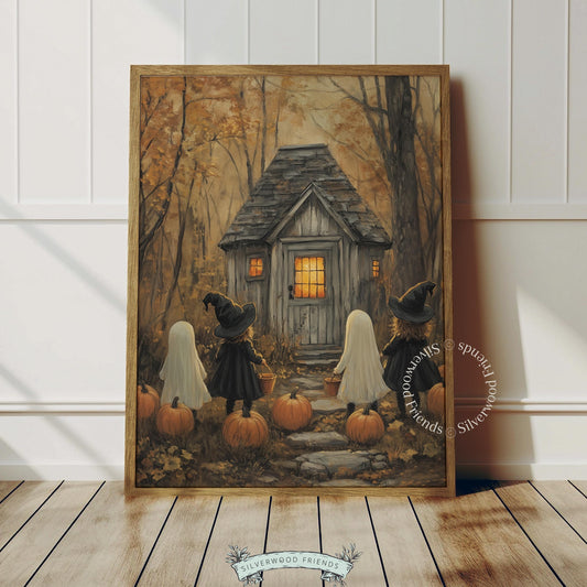 Storybook-style Halloween picture printable for family room — trick-or-treaters discovering glowing woodland retreat