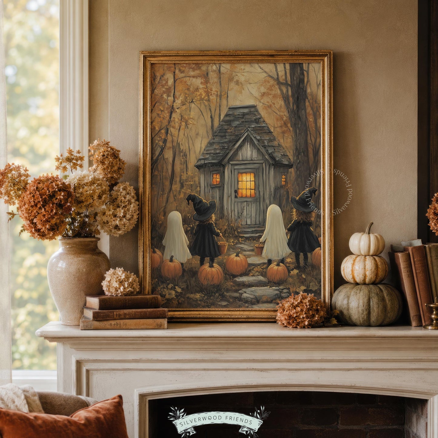 Festive fall illustration printable art for hallway — children in vintage costumes at rustic cottage threshold