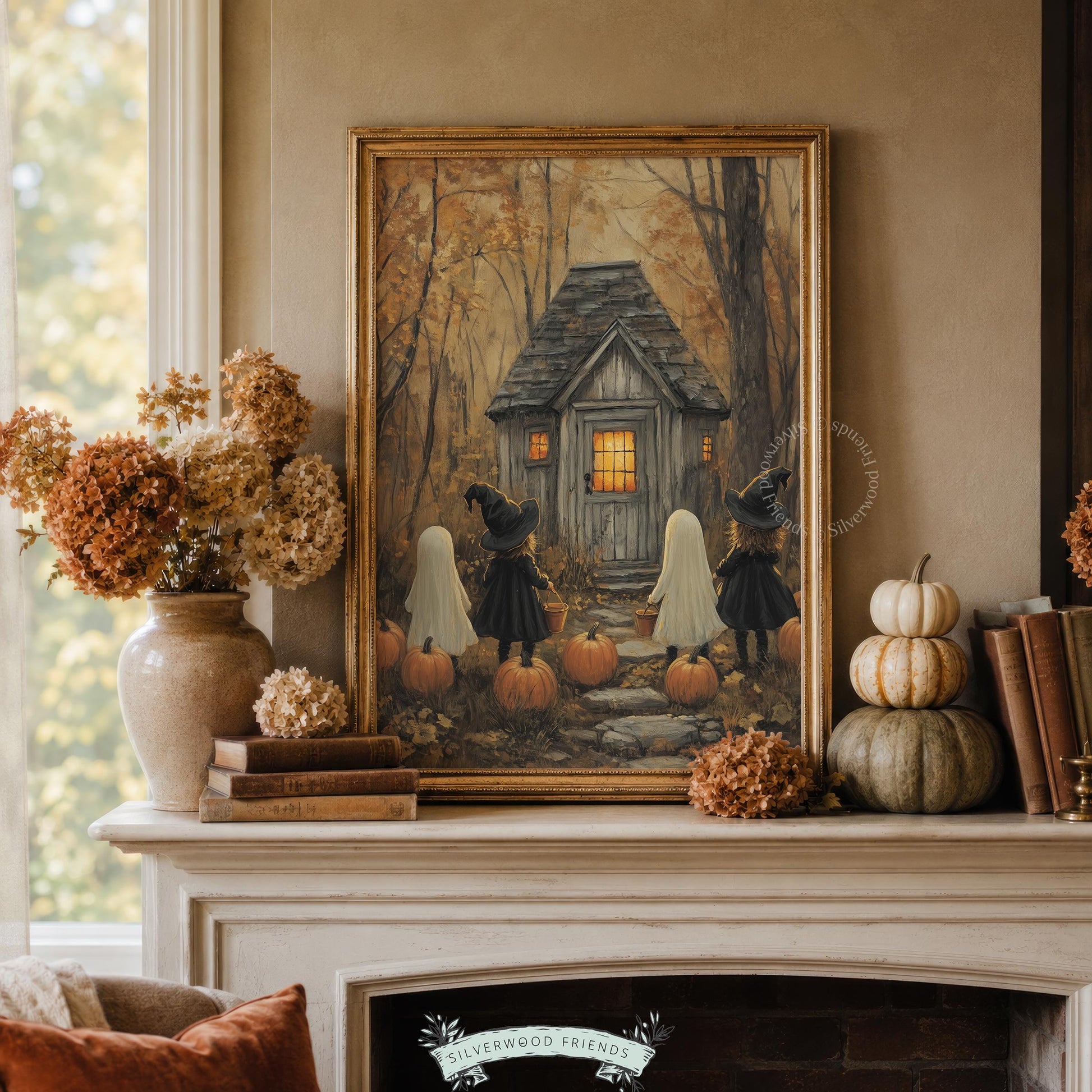 Festive fall illustration printable art for hallway — children in vintage costumes at rustic cottage threshold