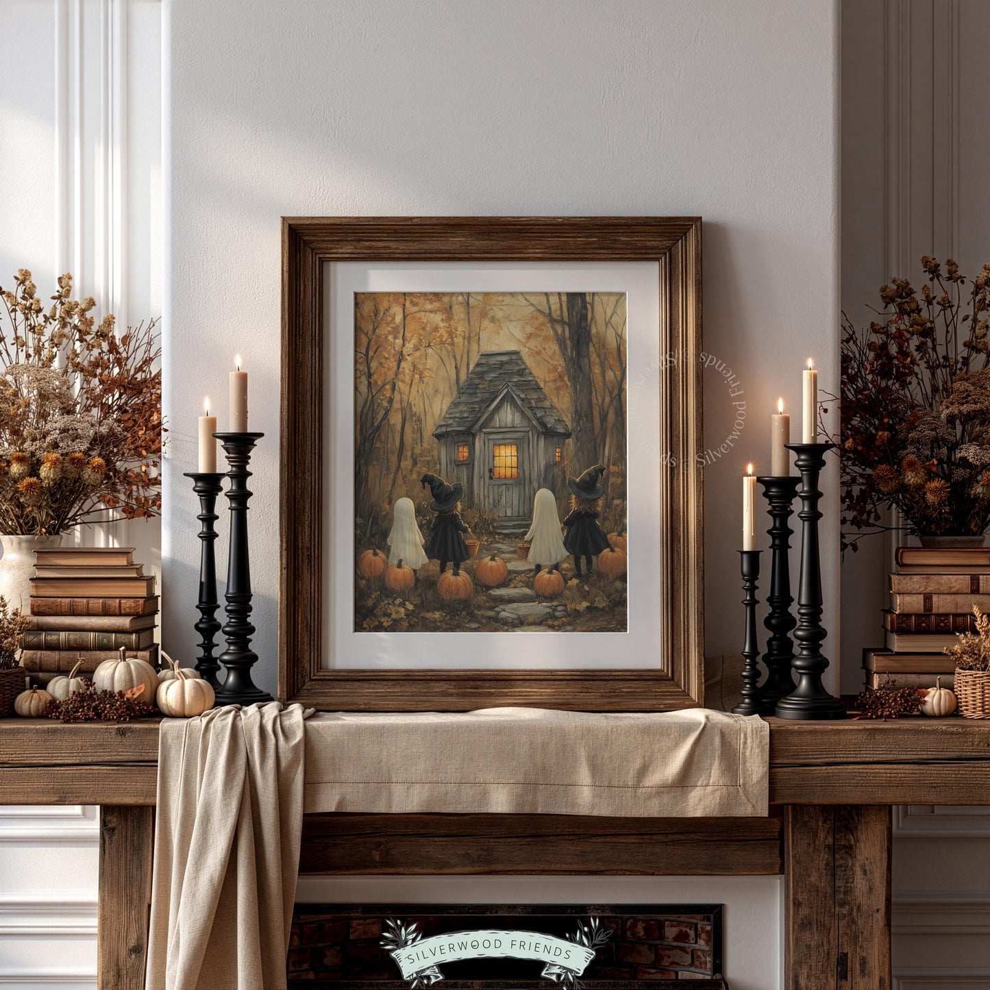Spooky season printable art for nursery — children in festive costumes at rustic stone cottage exterior