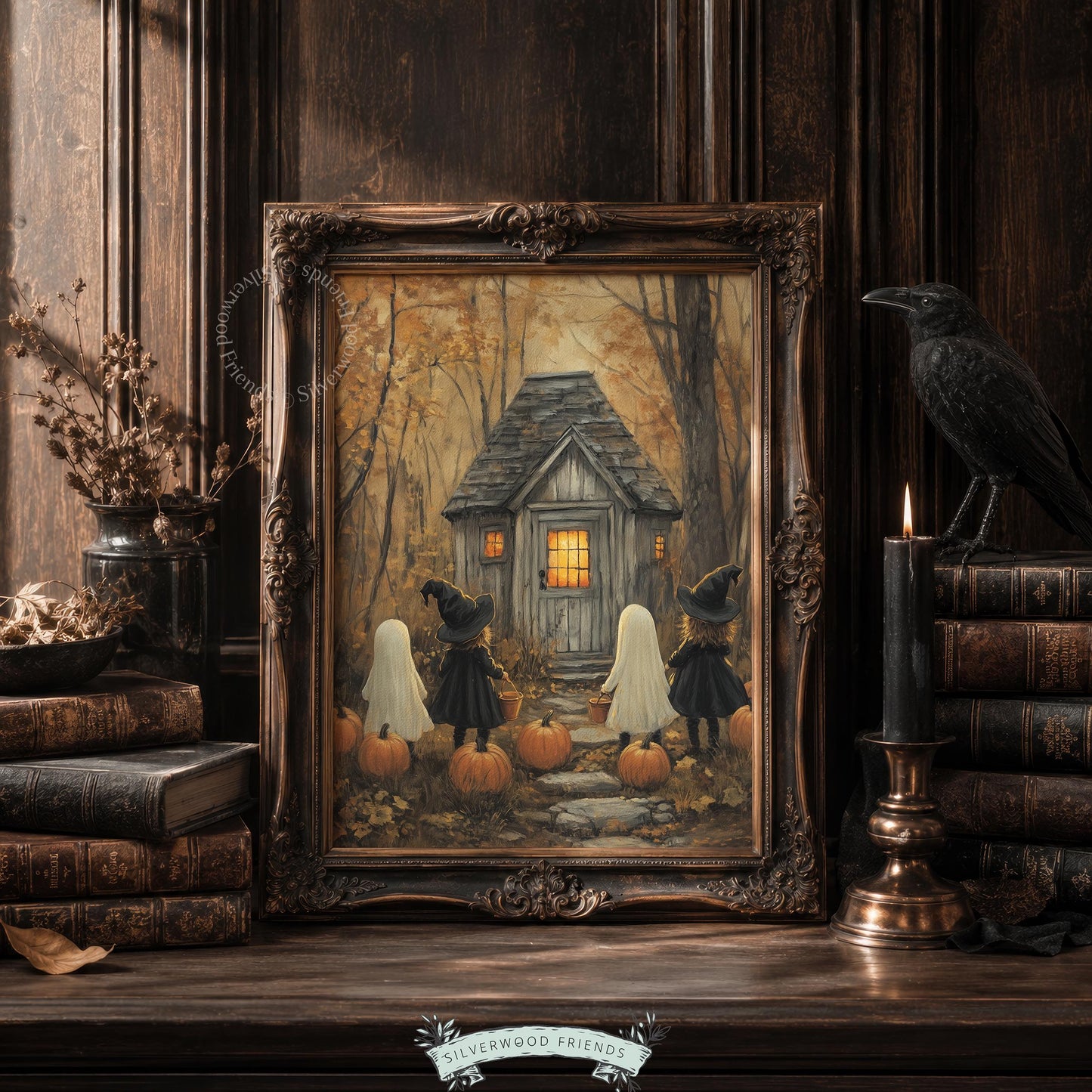 Rustic fall cottage artwork digital download — whimsical Halloween trick-or-treaters in vintage costume styles