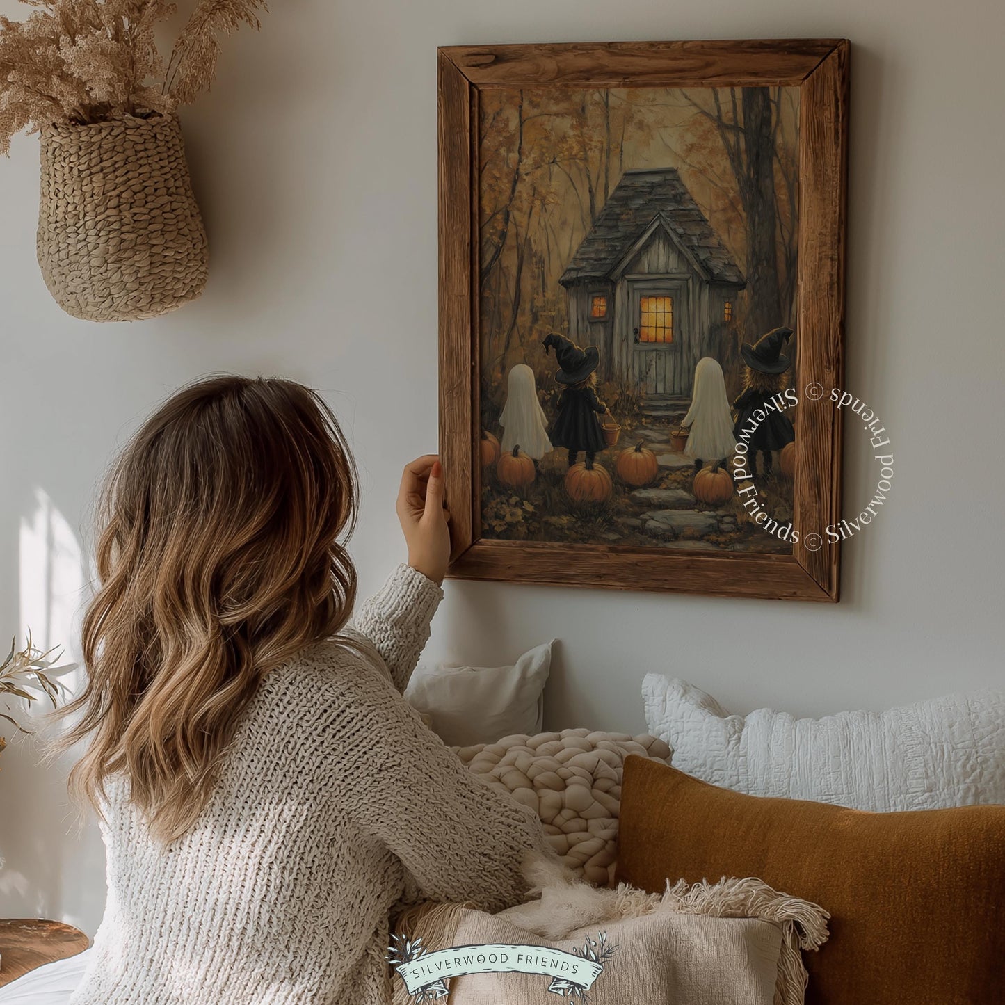 Children in Halloween costumes printable art for kids' bedroom — ghostly trick-or-treaters at cozy woodland cottage
