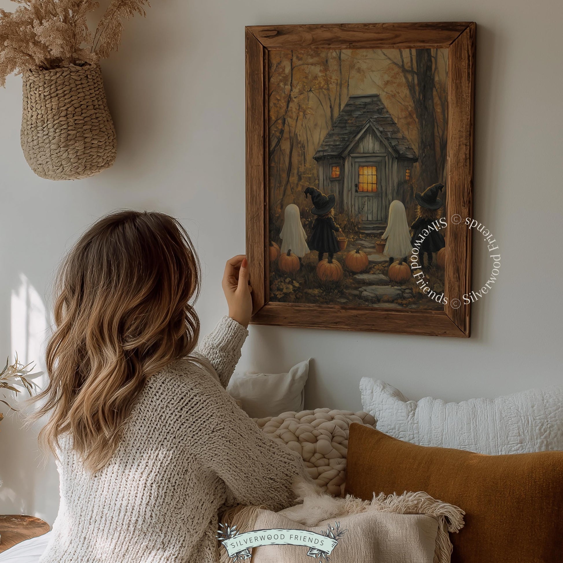 Children in Halloween costumes printable art for kids' bedroom — ghostly trick-or-treaters at cozy woodland cottage