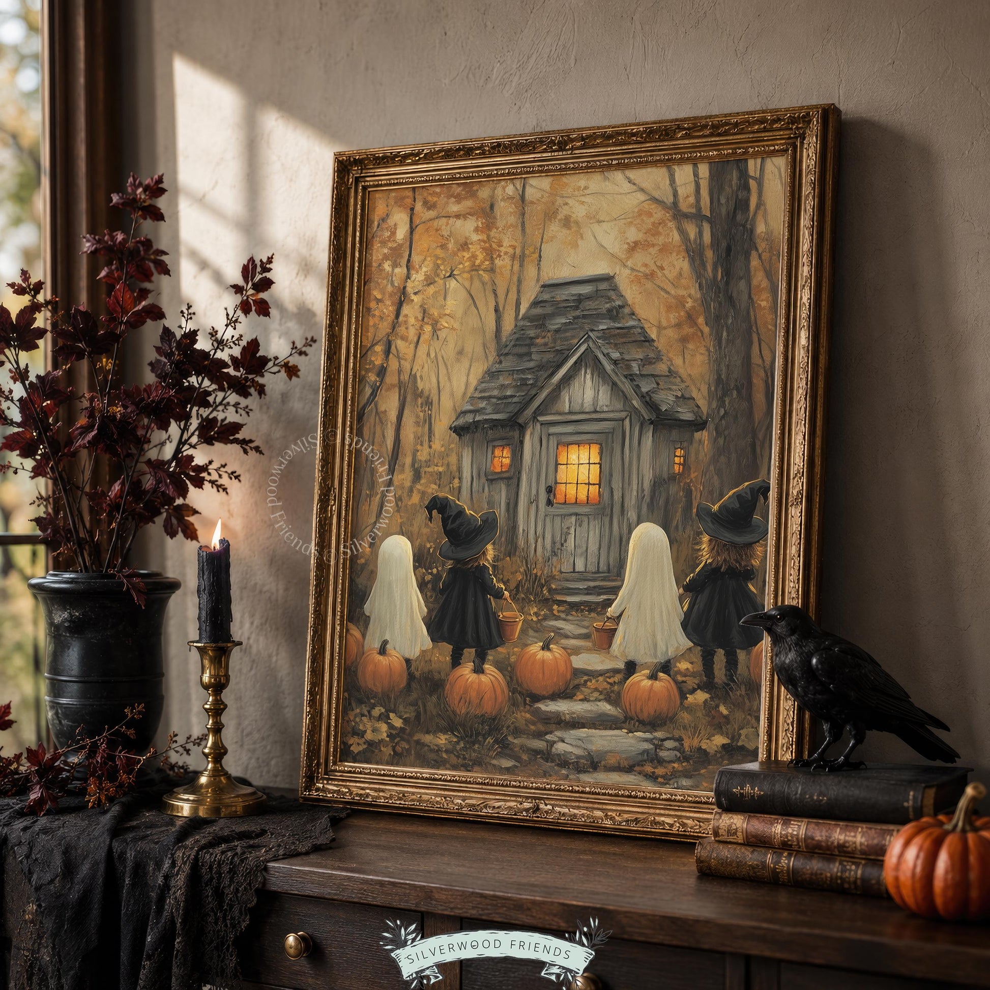 Vintage storybook Halloween printable art for living areas — ghostly figures and young witch amid autumn scenery