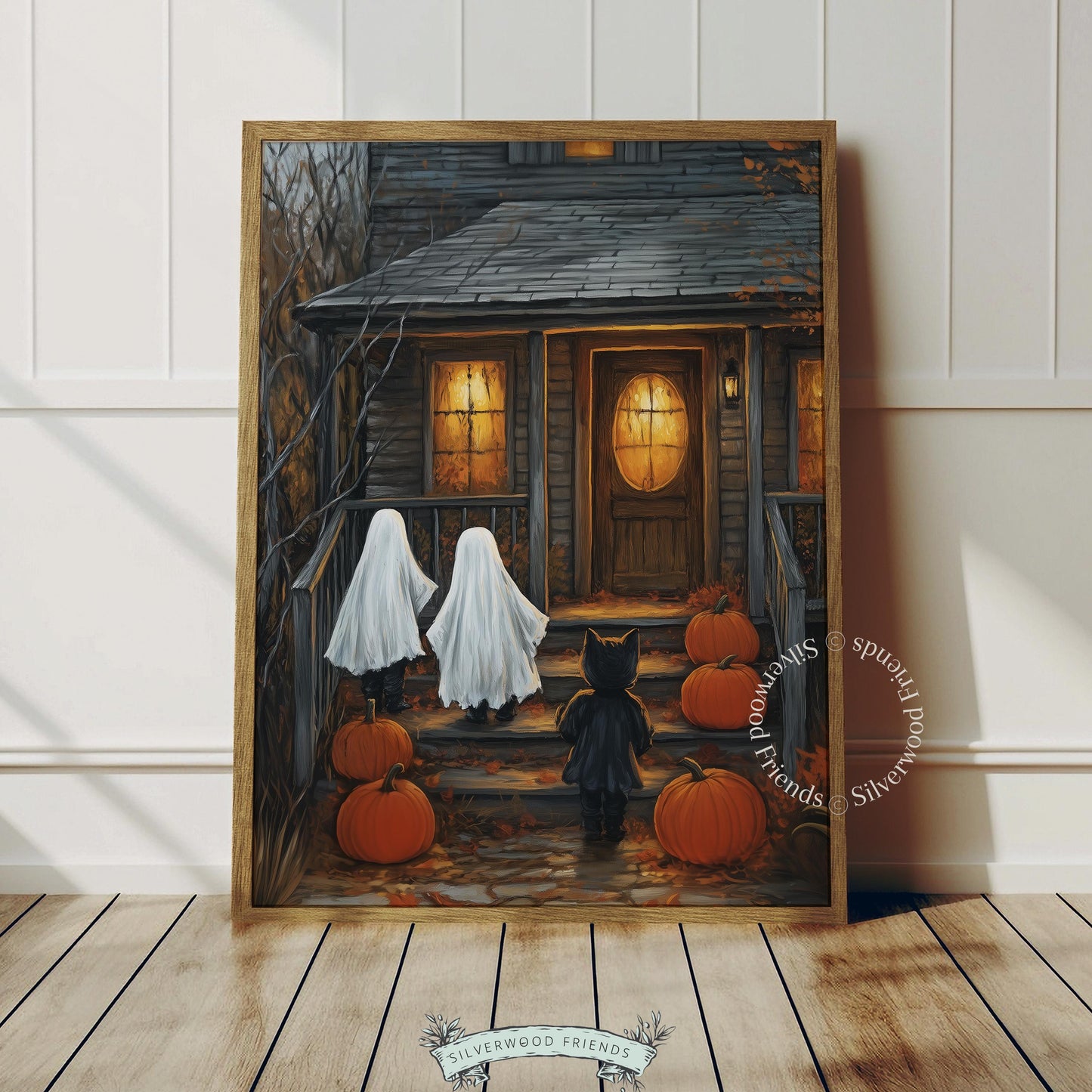 Autumn Halloween scene poster for living room — ghost children and black cat approaching weathered house in moody brown tones