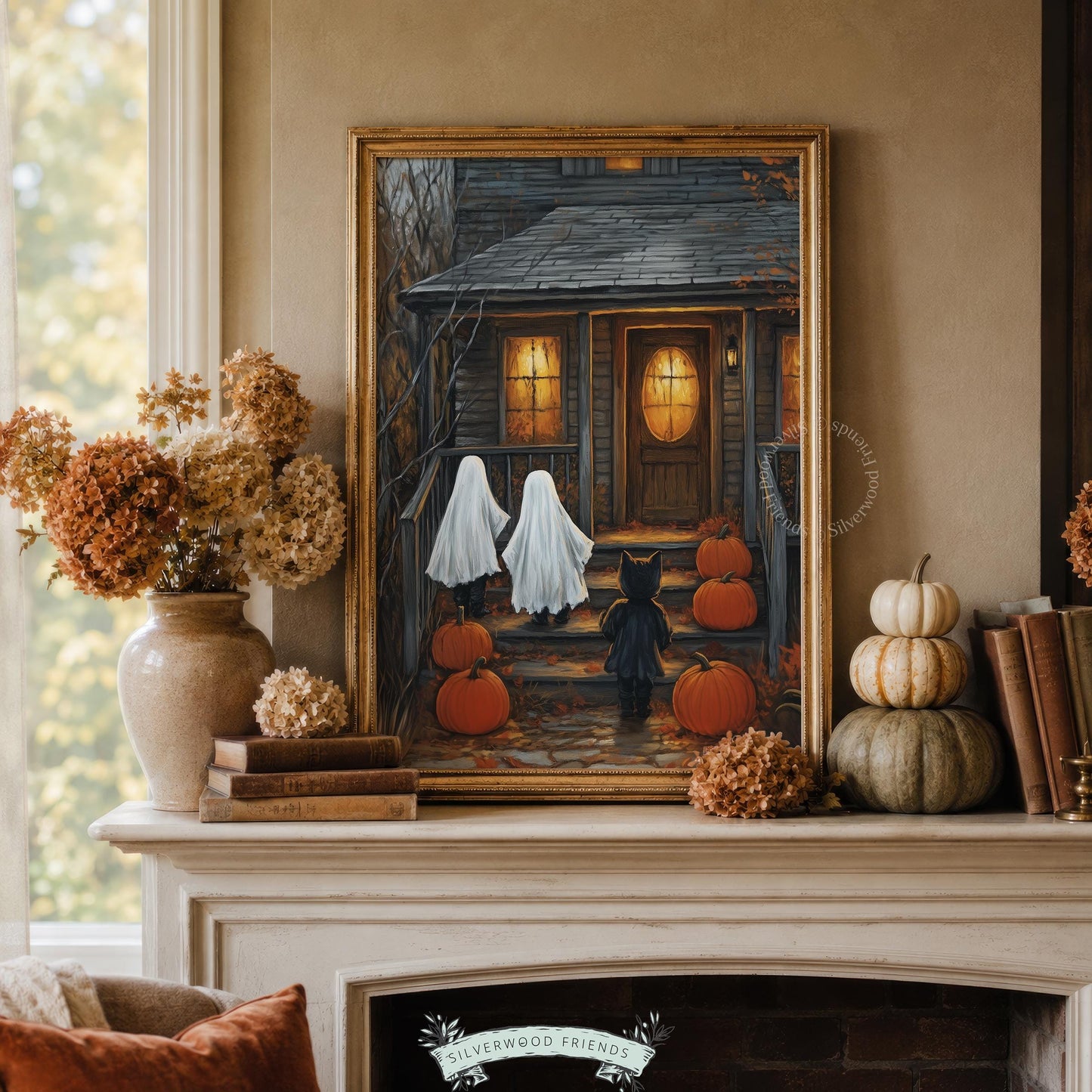 Vintage haunted house painting for bedroom — warm orange and brown tones with friendly ghost characters and fall mood
