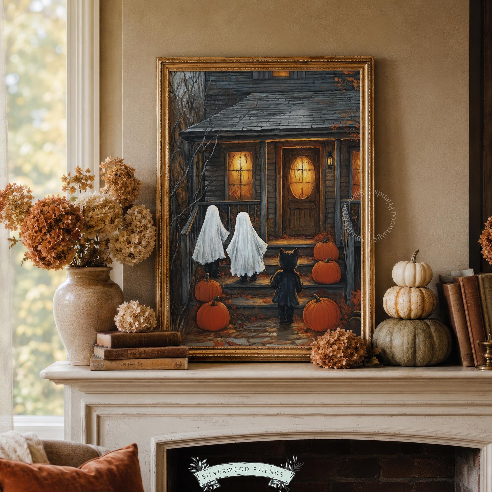 Vintage haunted house painting for bedroom — warm orange and brown tones with friendly ghost characters and fall mood