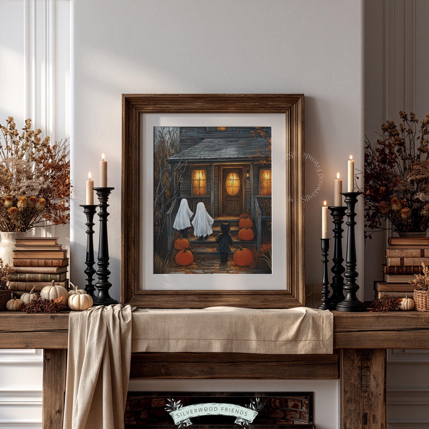 Vintage trick-or-treat artwork printable for foyer — haunted house with specter figures, amber windows, and atmospheric autumn feeling